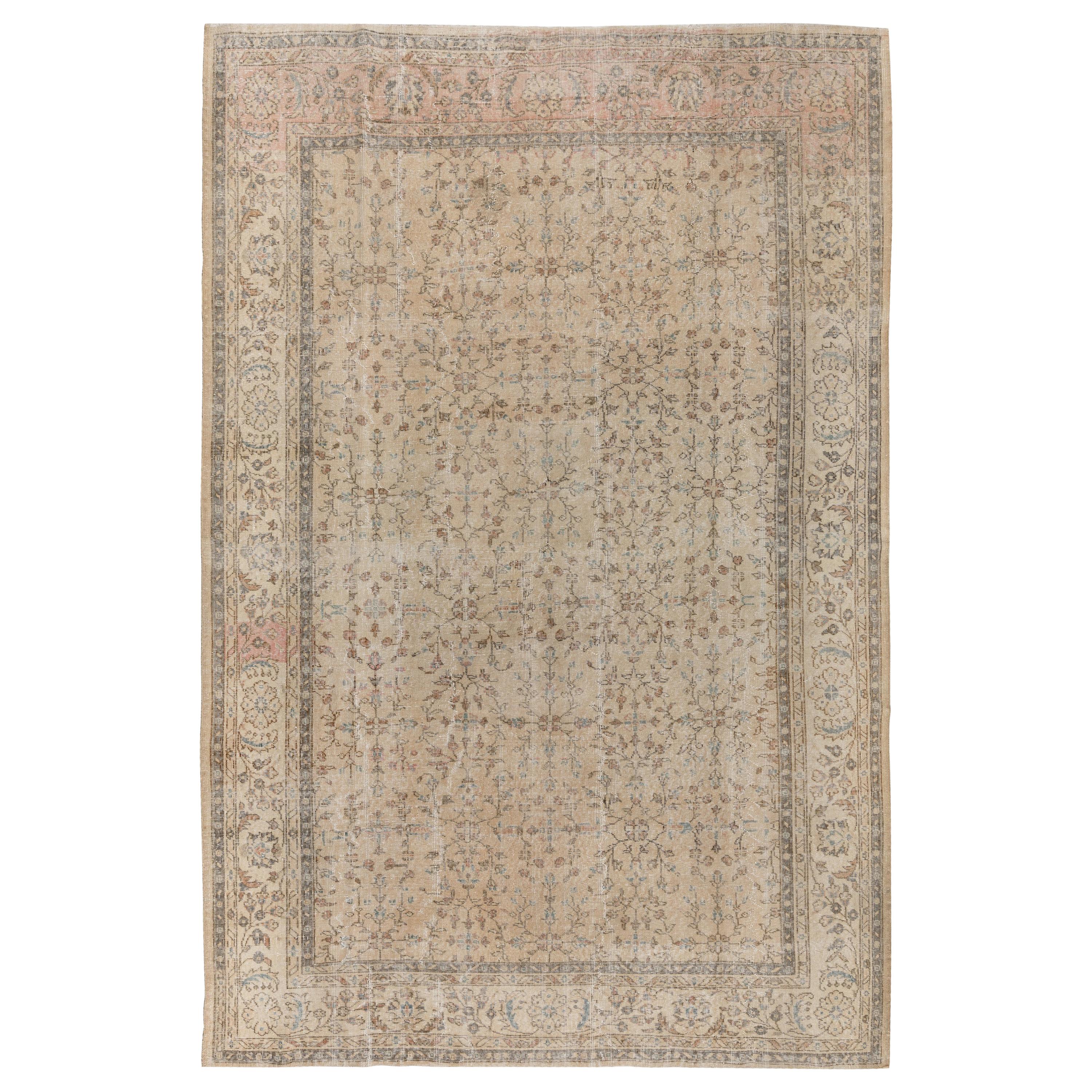 7.4x10.4 Ft Handmade Vintage Floral Turkish Area Rug in Muted, Earthy Colors. 