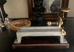 Handmade Vintage French Aluminum & Brass Cigar Cutter Mounted on Wood