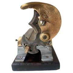 Handmade Vintage French Aluminum & Brass Cigar Cutter Mounted on Wood
