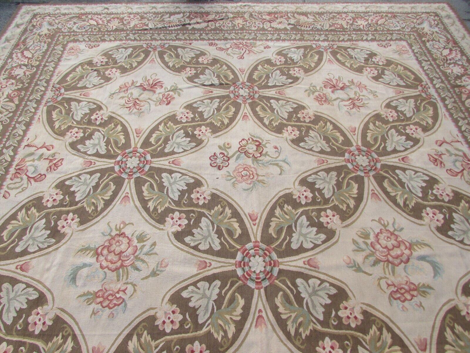 Hand-Knotted Handmade Vintage French Aubusson Flatweave Rug 9.9' x 14.2', 1970s, 1Q42 For Sale