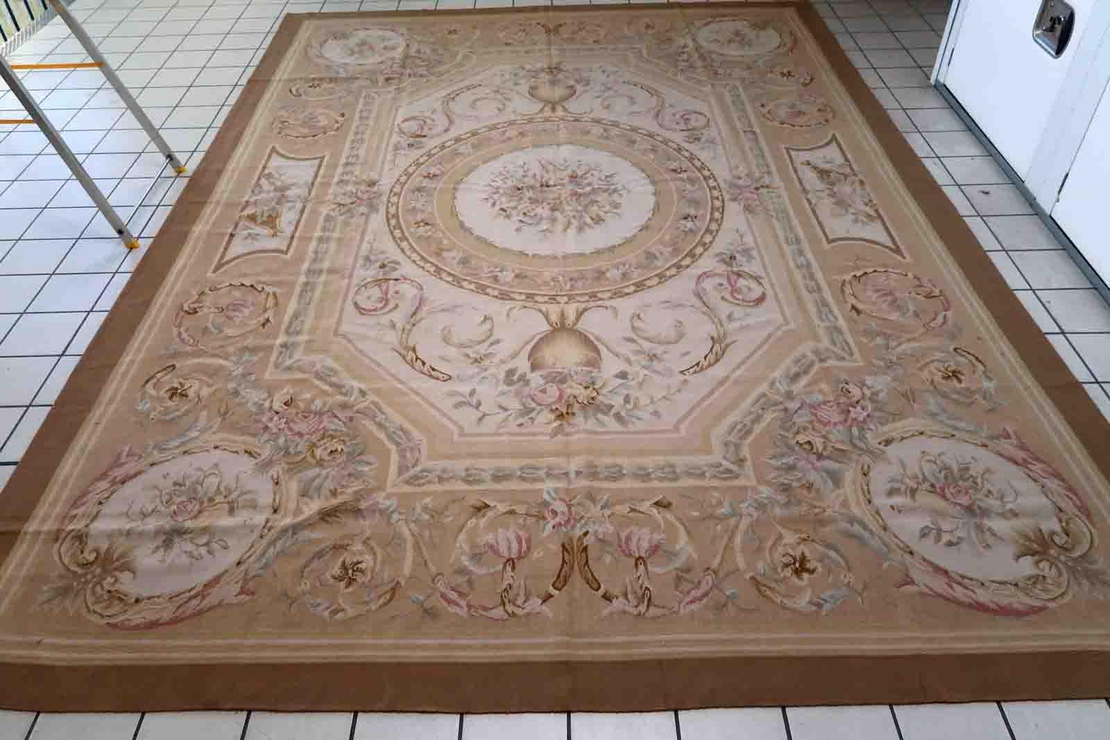 Handmade vintage French Aubusson rug in original good condition. This rug is one of a kind made in France in the end of 20th century.

-condition: original good,

-circa: 1970s,

-size: 8.7' x 12' (266cm x 367cm),

-material: