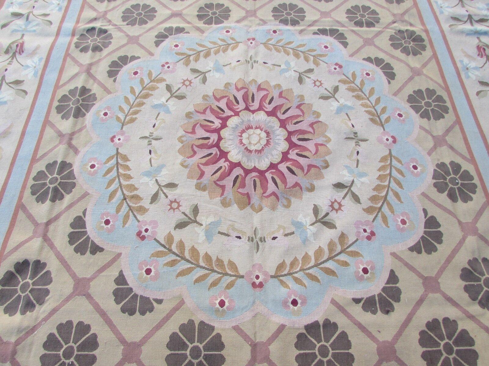 Hand-Knotted Handmade Vintage French Aubusson Rug 8.9' x 12.1', 1970s, 1Q53 For Sale