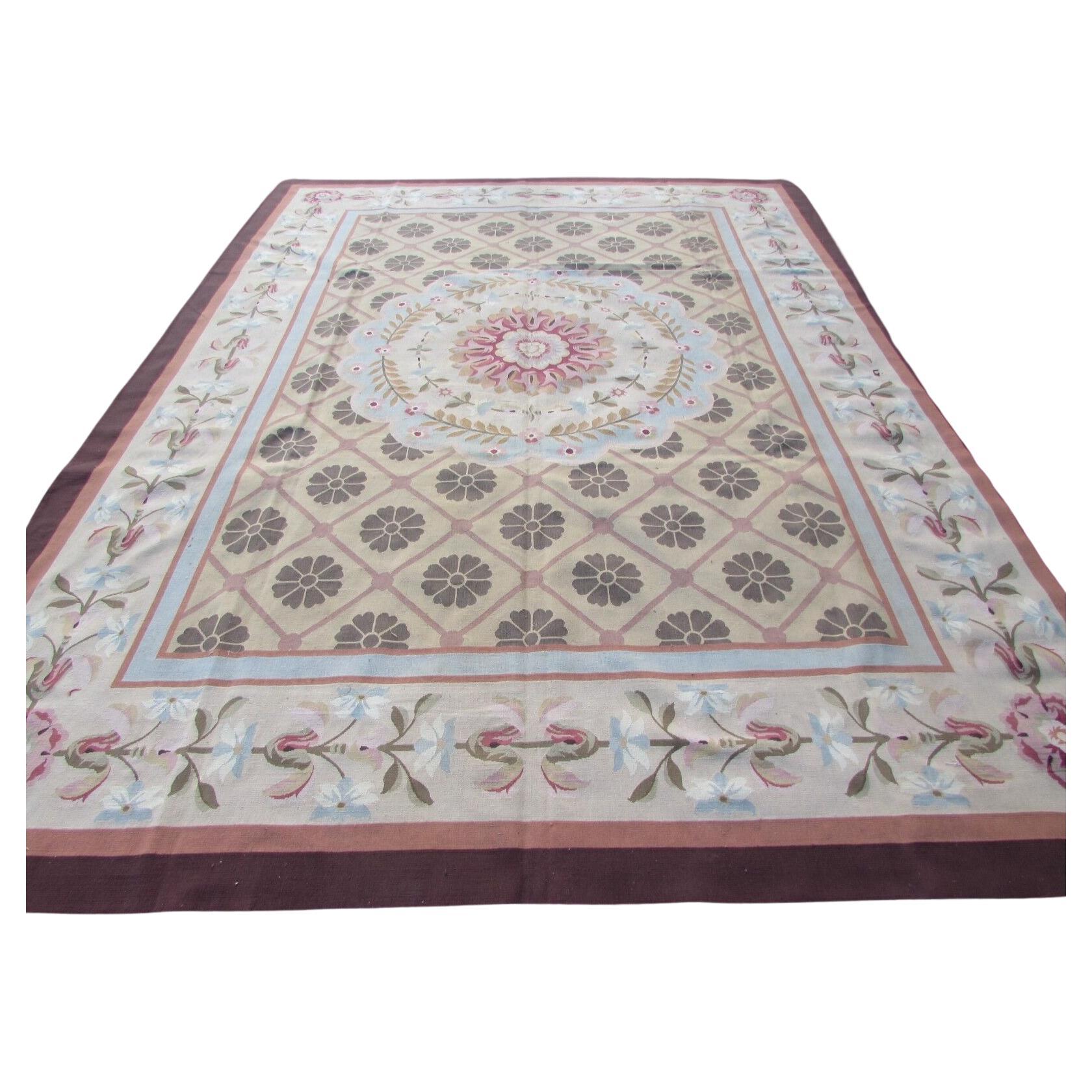 Handmade Vintage French Aubusson Rug 8.9' x 12.1', 1970s, 1Q53 For Sale