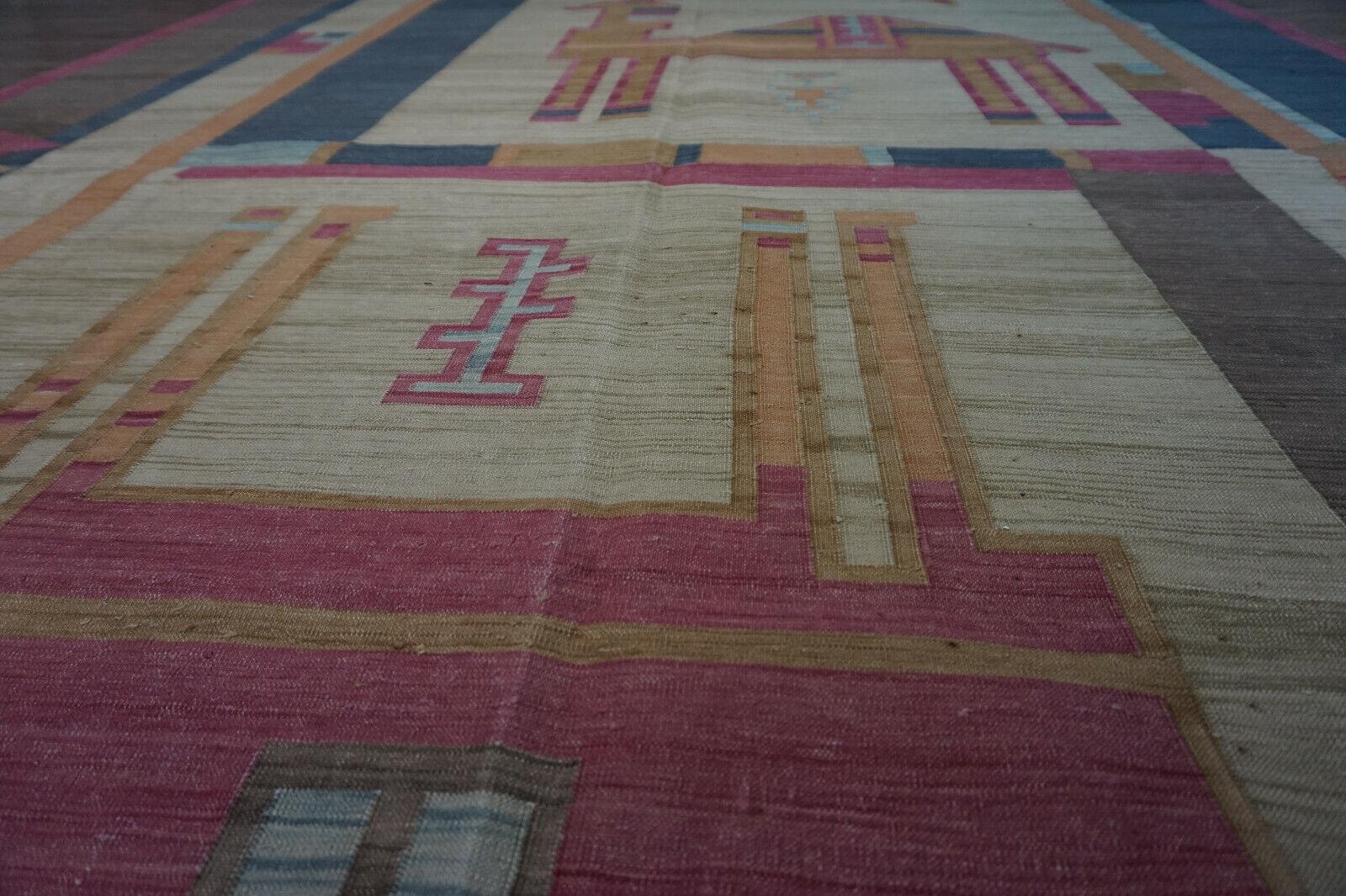 Handgefertigter indischer Dhurrie-Kelim-Teppich im Vintage-Stil 6.3' x 8,3', 1970er Jahre - 1D46 im Zustand „Gut“ im Angebot in Bordeaux, FR