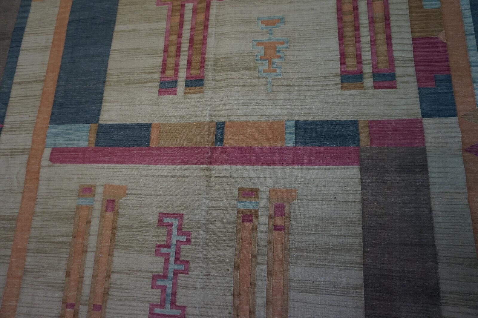 Handgefertigter indischer Dhurrie-Kelim-Teppich im Vintage-Stil 6.3' x 8,3', 1970er Jahre - 1D46 (Wolle) im Angebot