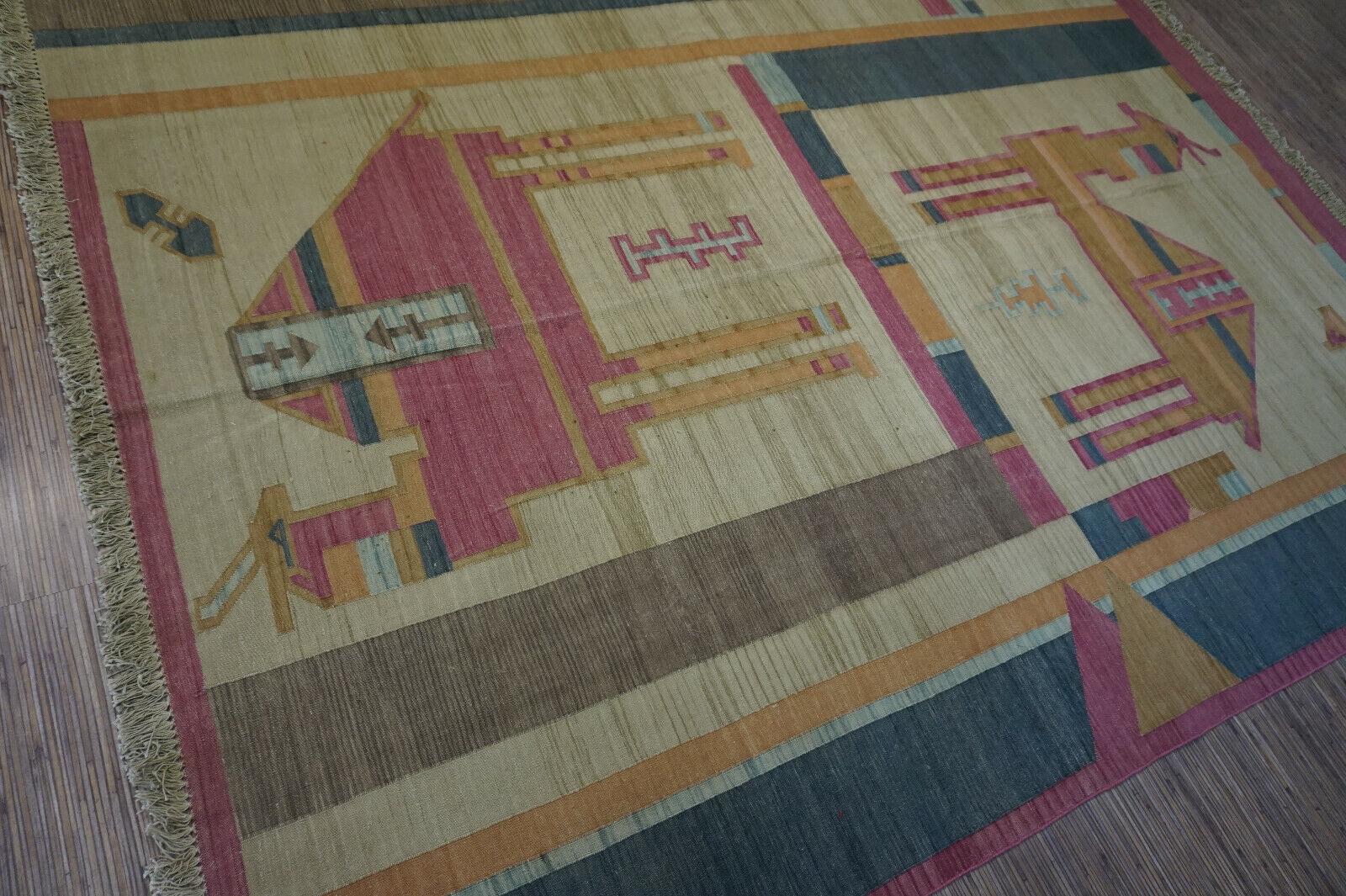 Handgefertigter indischer Dhurrie-Kelim-Teppich im Vintage-Stil 6.3' x 8,3', 1970er Jahre - 1D46 im Angebot 3
