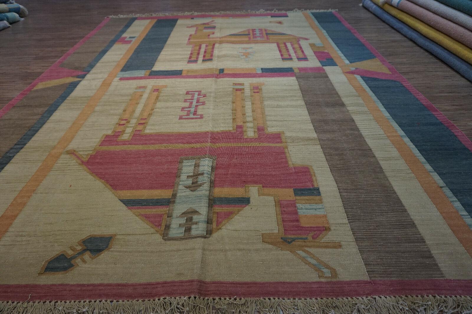 Handgefertigter indischer Dhurrie-Kelim-Teppich im Vintage-Stil 6.3' x 8,3', 1970er Jahre - 1D46 im Angebot 4