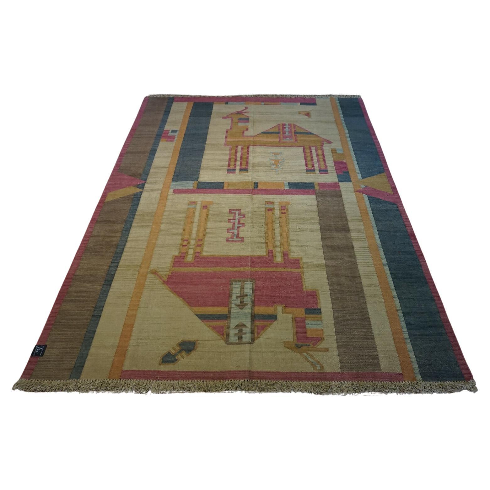 Handmade Vintage Indian Dhurrie Kilim Rug 6.3' x 8.3', 1970s - 1D46