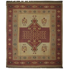 Handmade Vintage Indian Kilim Rug, Traditional Brown and Beige Wool Area Rug