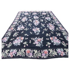 Tapis vintage indien noir à l'aiguille 8.5' x 12', fait main, années 1970 - 1Q66