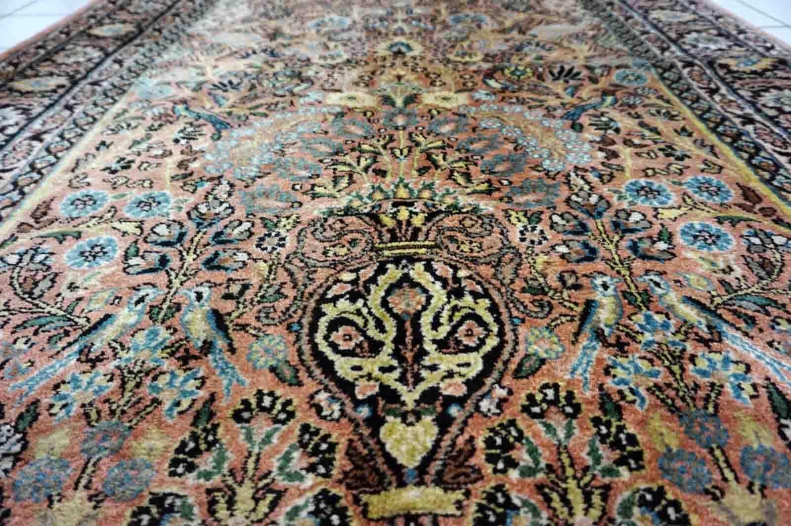 Hand-Knotted Handmade Vintage Indian Tabriz Kashmir Silk Rug, 1970s, 1D32