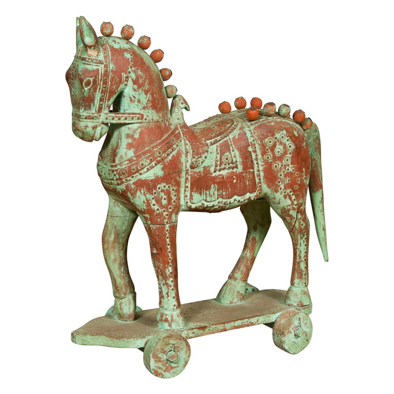 Handmade Vintage Indian Temple Horse Toy on Wheels from Madras with