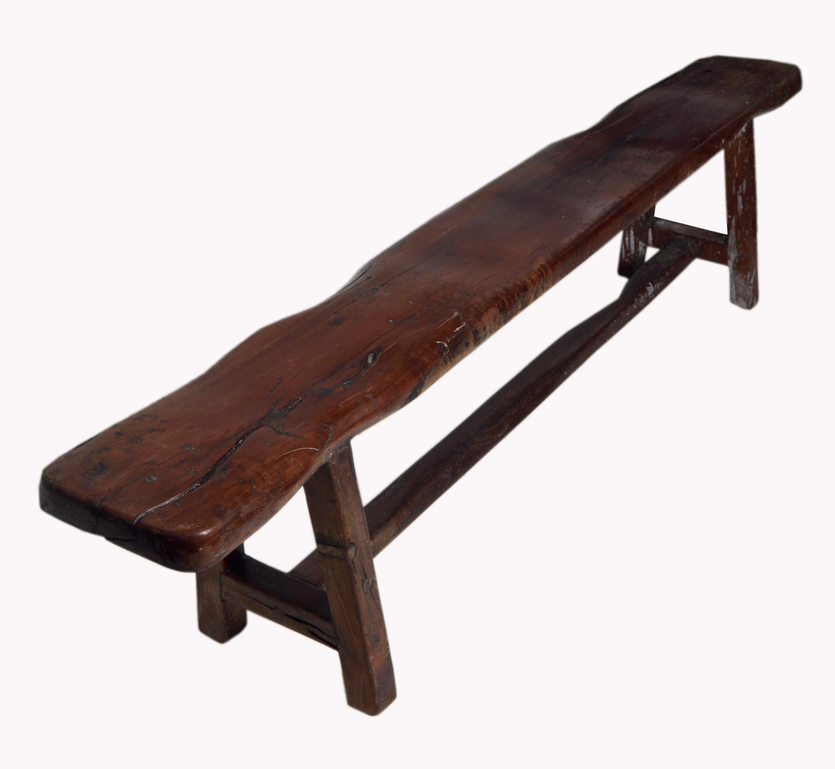 Handmade Vintage Javanese Brown Wood Bench with Splayed Legs and Stretcher In Good Condition In Yonkers, NY
