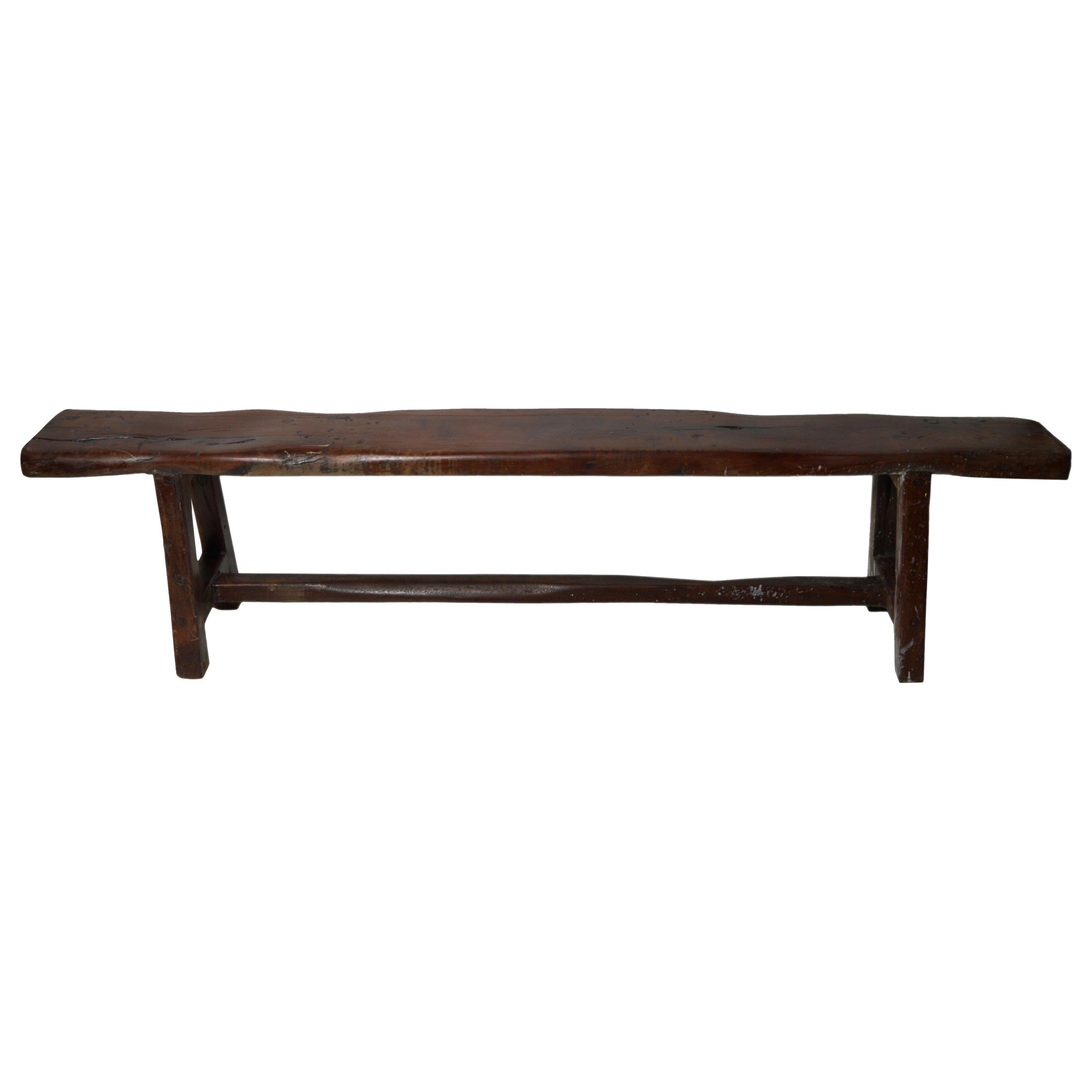 Handmade Vintage Javanese Brown Wood Bench with Splayed Legs and Stretcher