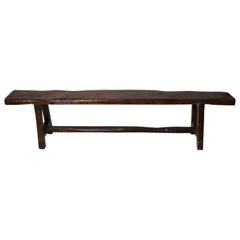 Handmade Vintage Javanese Brown Wood Bench with Splayed Legs and Stretcher