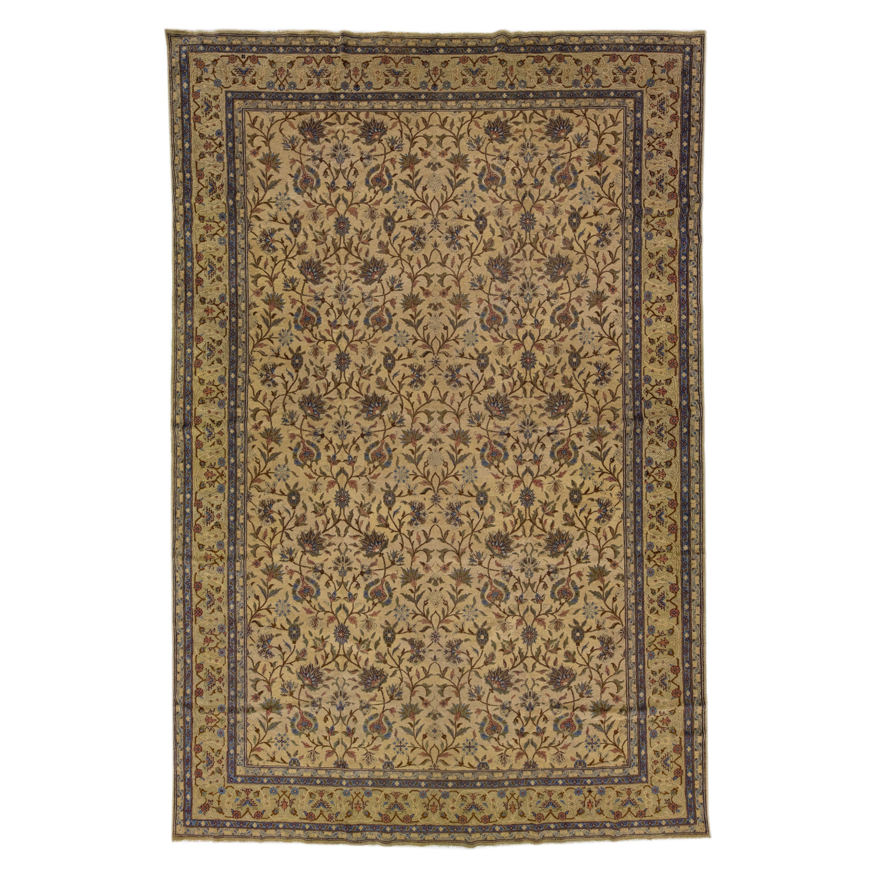 Tappeto di lana Khotan vintage fatto a mano, marrone con disegno floreale alllover