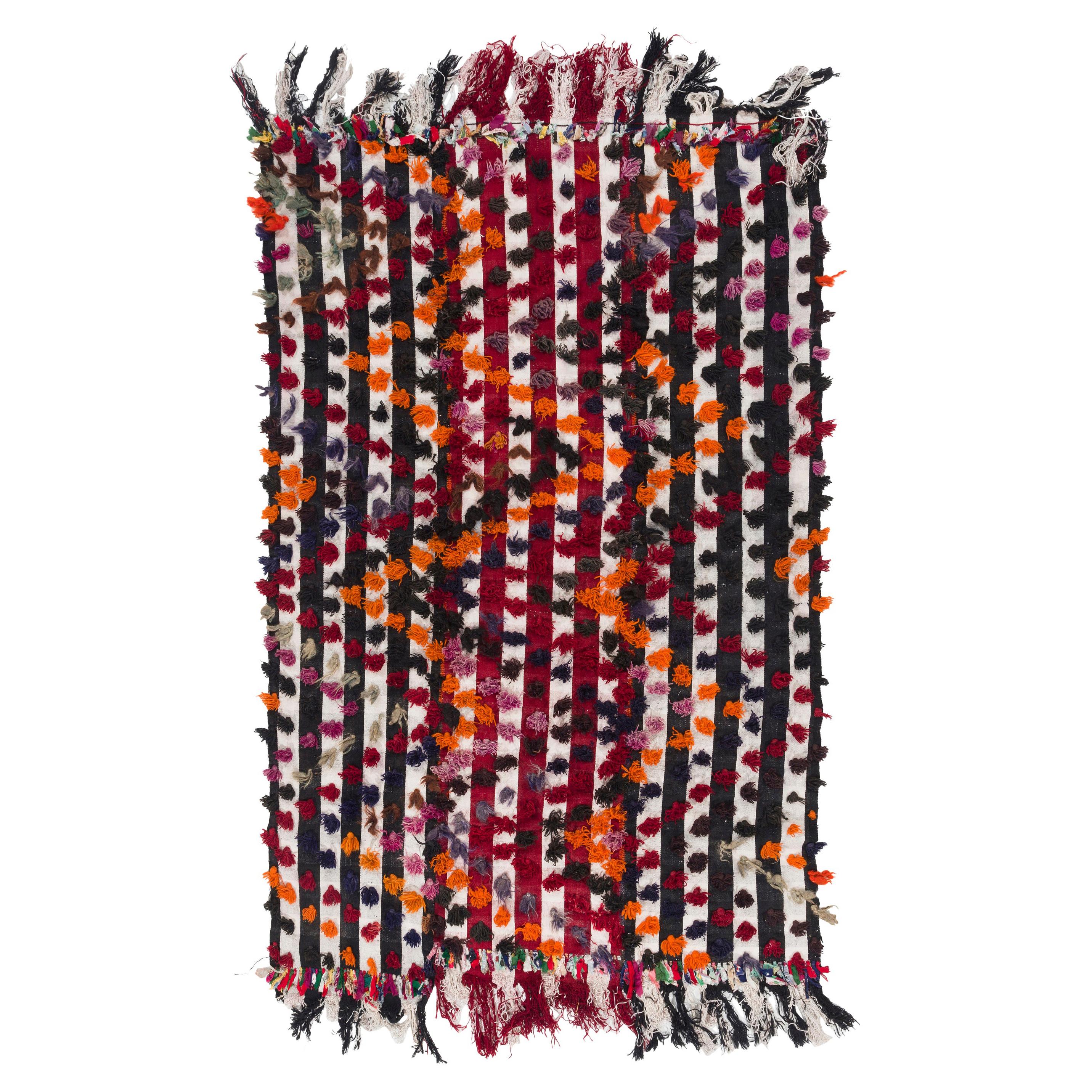 5x7.6 Ft Vintage Handmade Kilim Rug with Colorful Poms, Wall Hanging, Folk Art