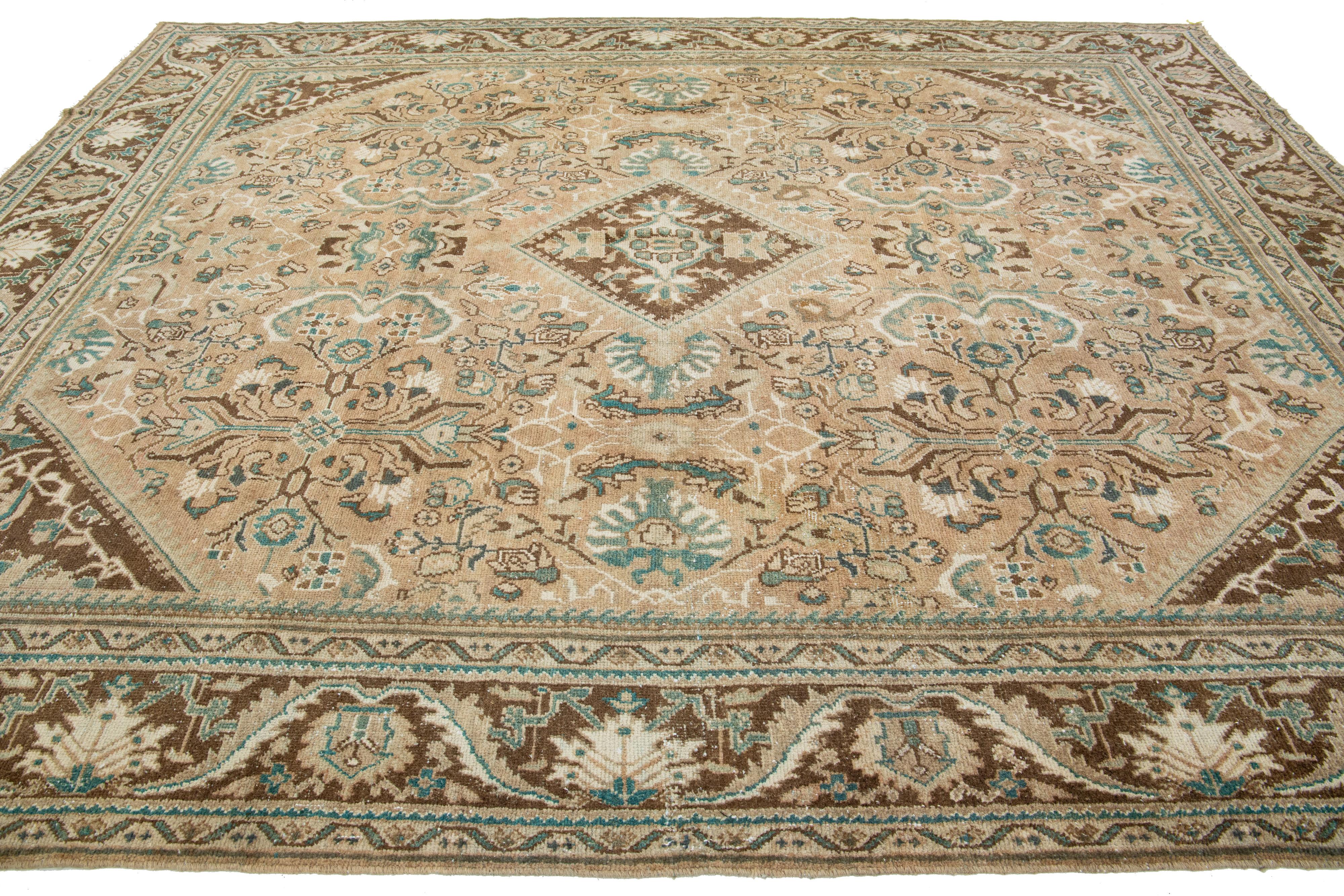 Hand-Knotted Handmade Vintage Mahal Persian Wool Rug With Floral Pattern In Brown For Sale