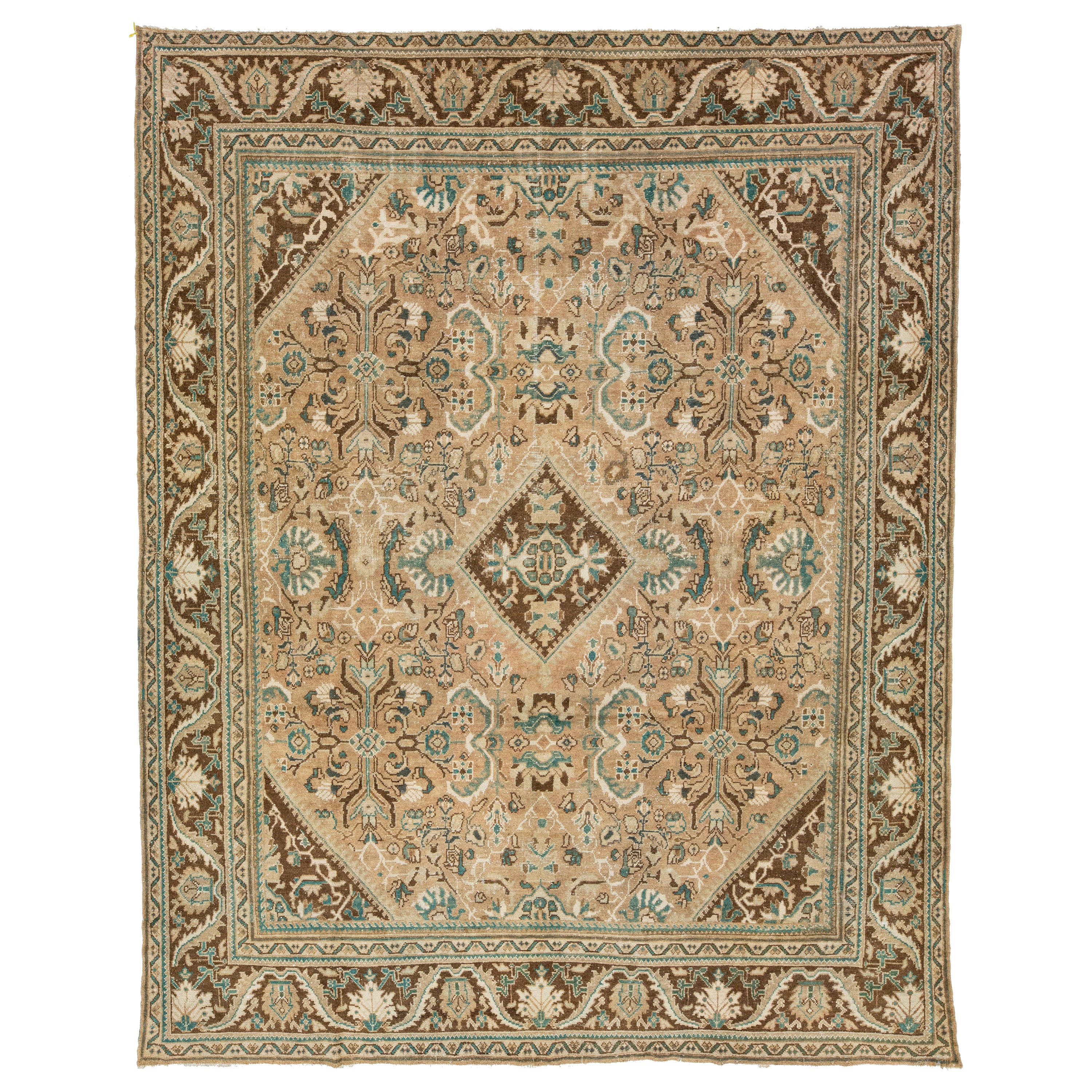 Handgefertigter Vintage Mahal Persischer Wollteppich mit Blumenmuster in Brown