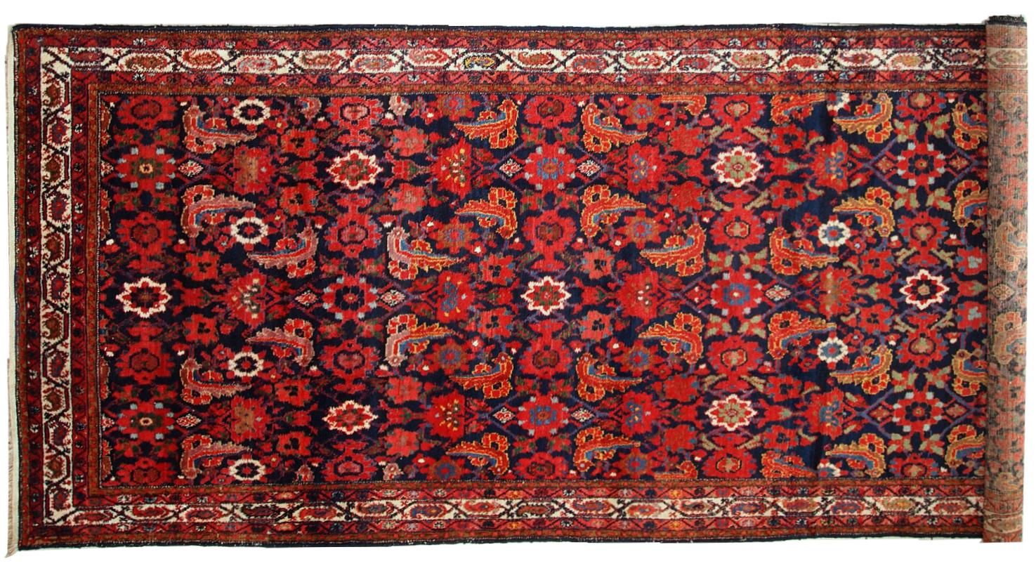Rare and beautiful antique Malayer runner in original good condition. The rug made in navy blue, red, orange and olive green shades. 

  