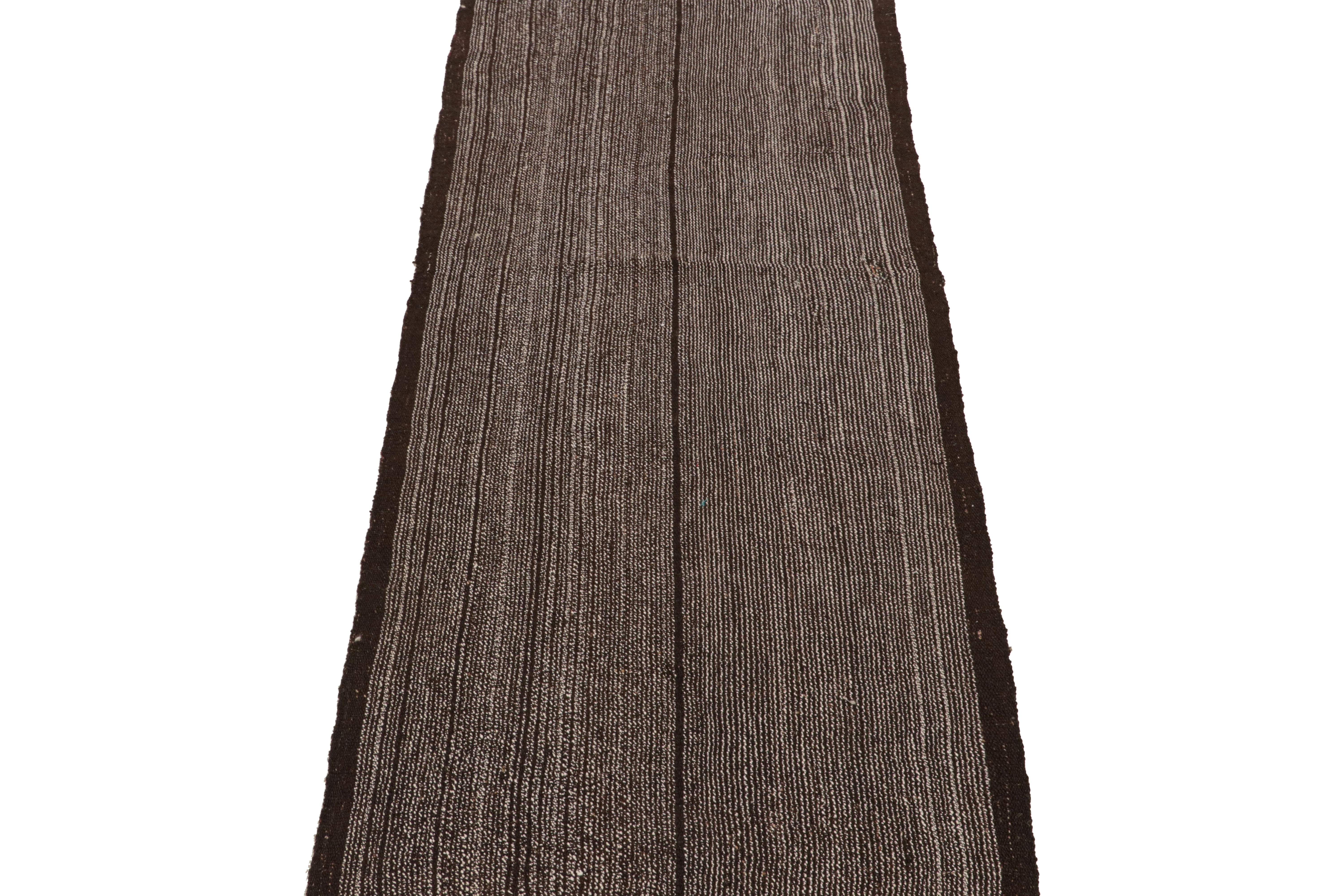Turkish Handmade Vintage Midcentury Kilim Rug Black Striped Runner by Rug & Kilim For Sale