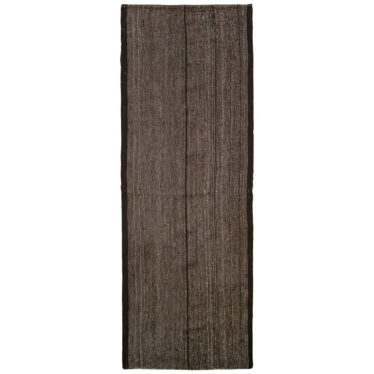 Handmade Vintage Midcentury Kilim Rug Black Striped Runner by Rug and