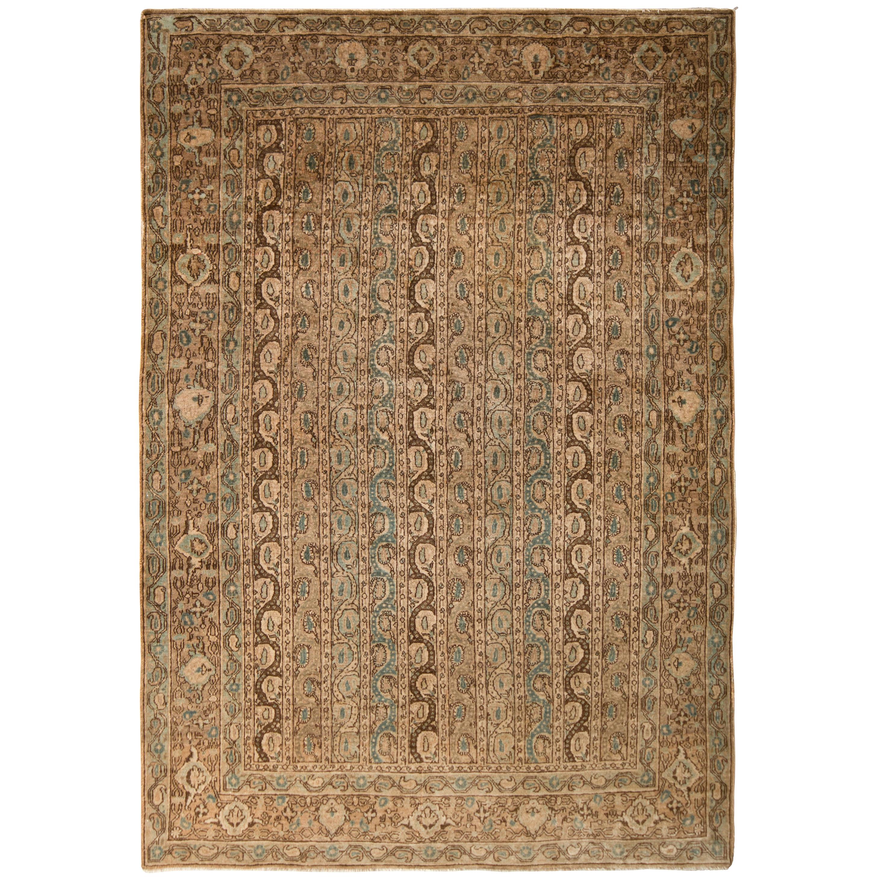 Antique Qum Beige Brown Silk Persian Rug Geometric Pattern by Rug and