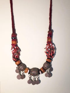 Large Moroccan Berber Boho Bead Necklace: Silver, Enamel, Amber, Copal, Coin