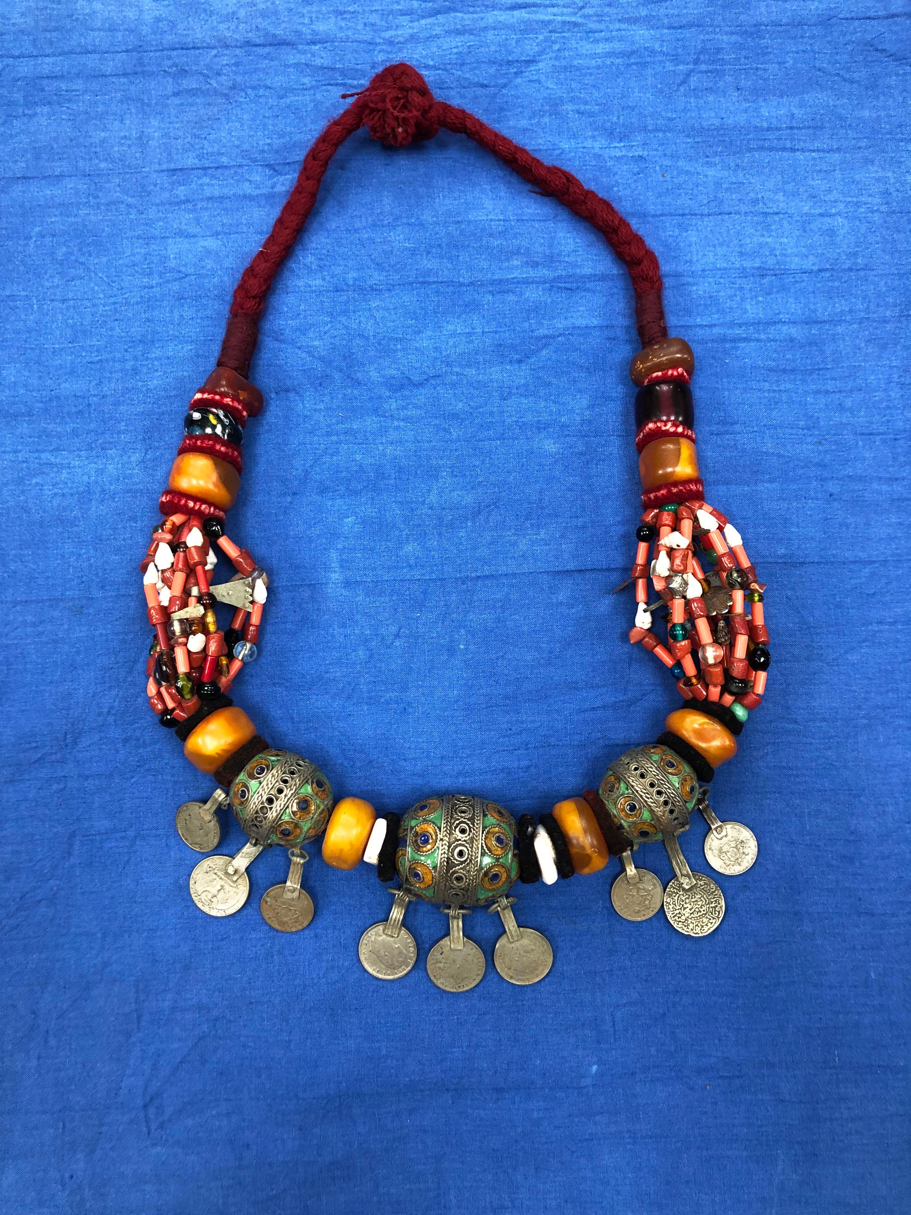 Beaded Large Moroccan Berber Boho Bead Necklace: Silver, Enamel, Amber, Copal, Coin For Sale
