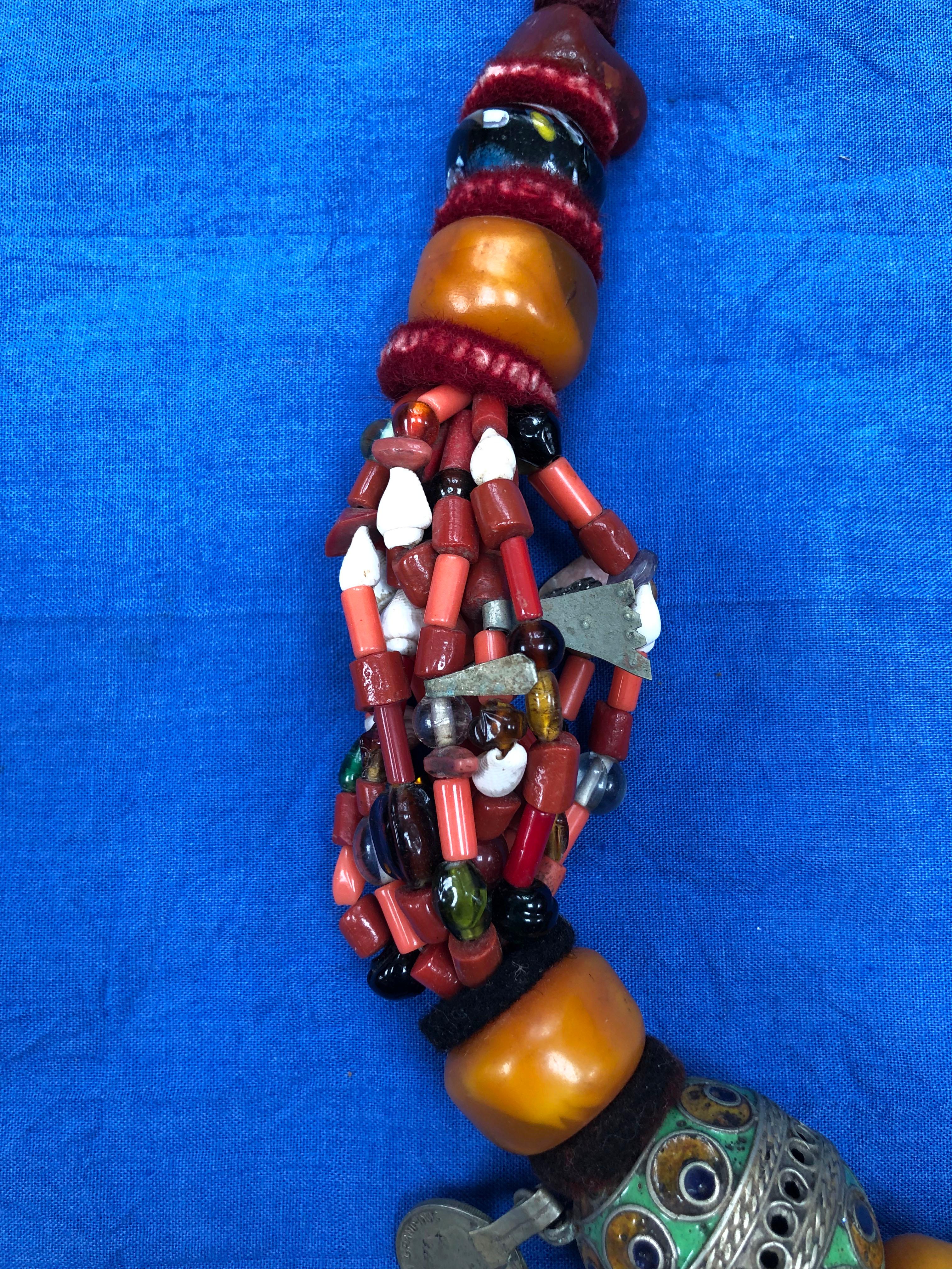 Large Moroccan Berber Boho Bead Necklace: Silver, Enamel, Amber, Copal, Coin In Good Condition For Sale In Vineyard Haven, MA