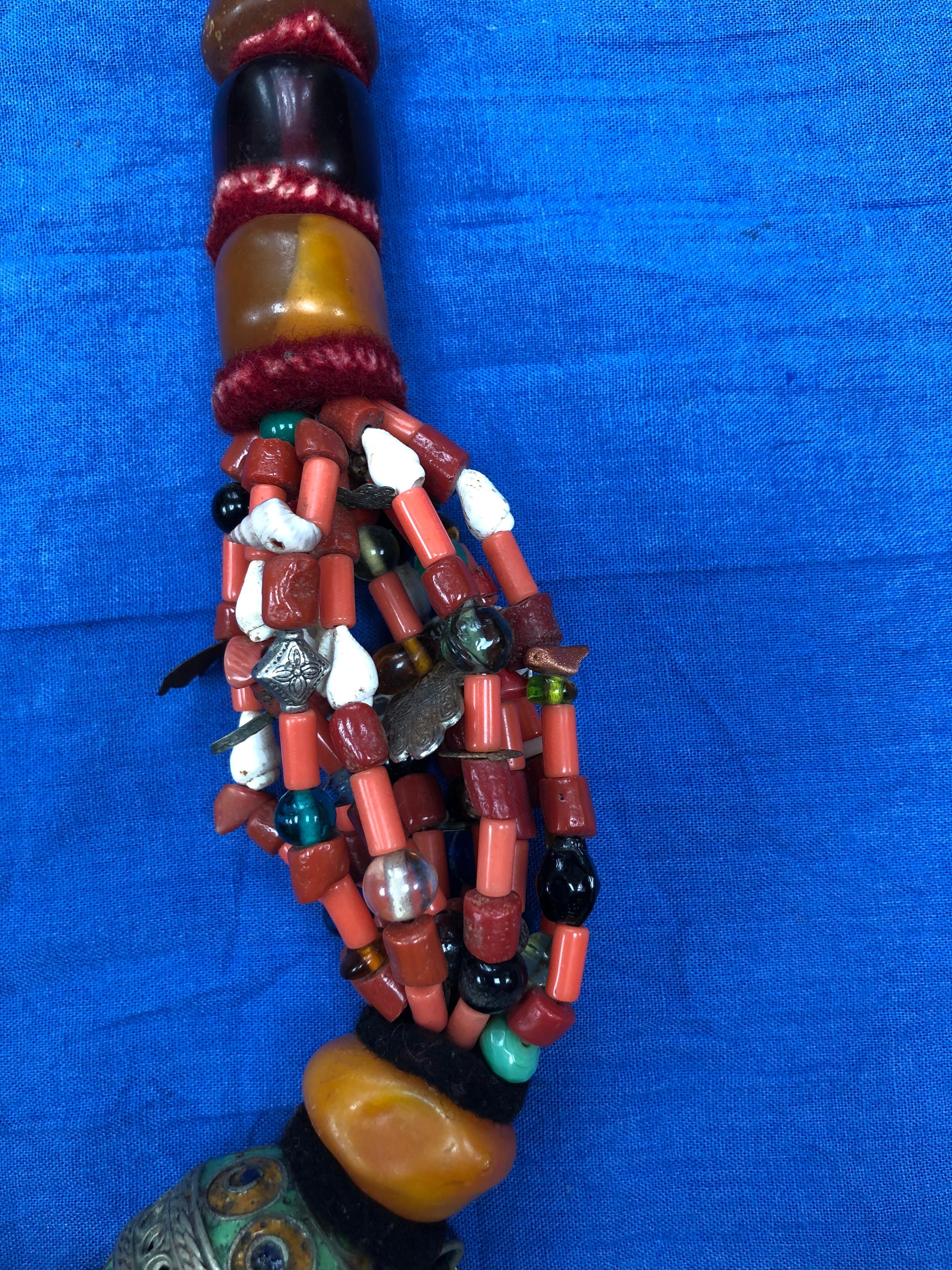 20th Century Large Moroccan Berber Boho Bead Necklace: Silver, Enamel, Amber, Copal, Coin For Sale