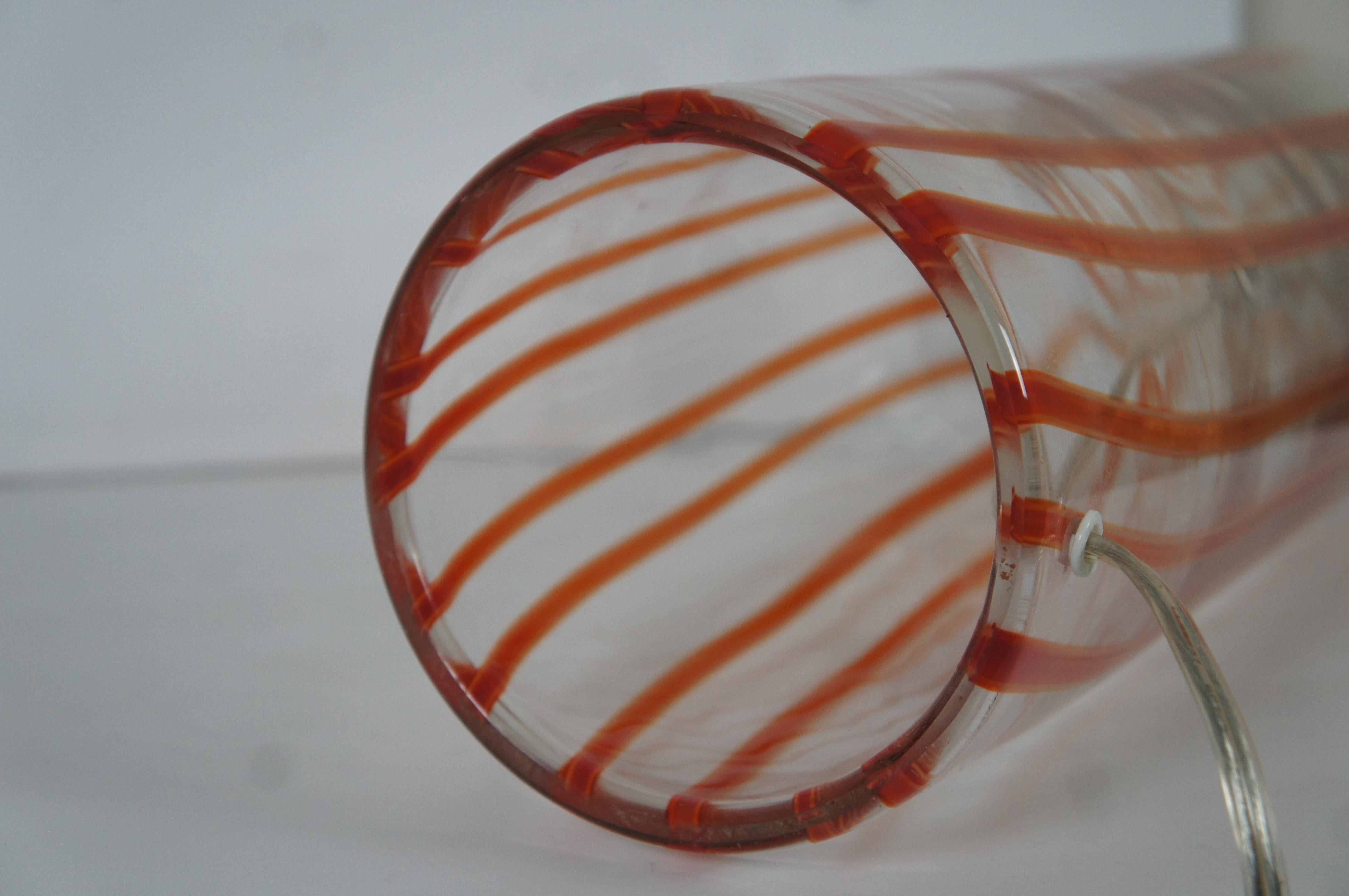 Handmade Vintage Orange Candy Stripe & Clear Art Glass Cylindrical Table Lamp For Sale 6