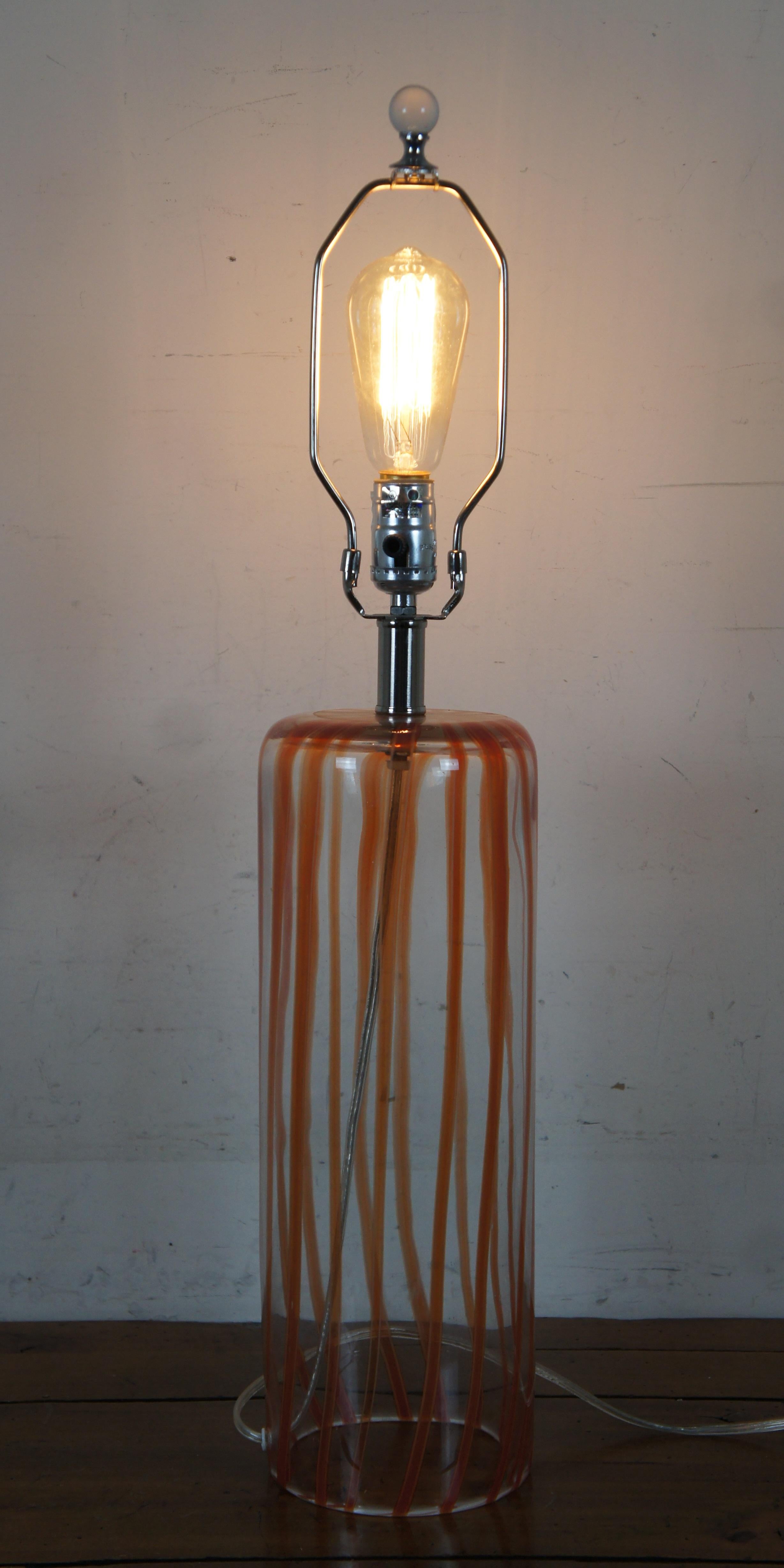 Handmade Vintage Orange Candy Stripe & Clear Art Glass Cylindrical Table Lamp For Sale 7