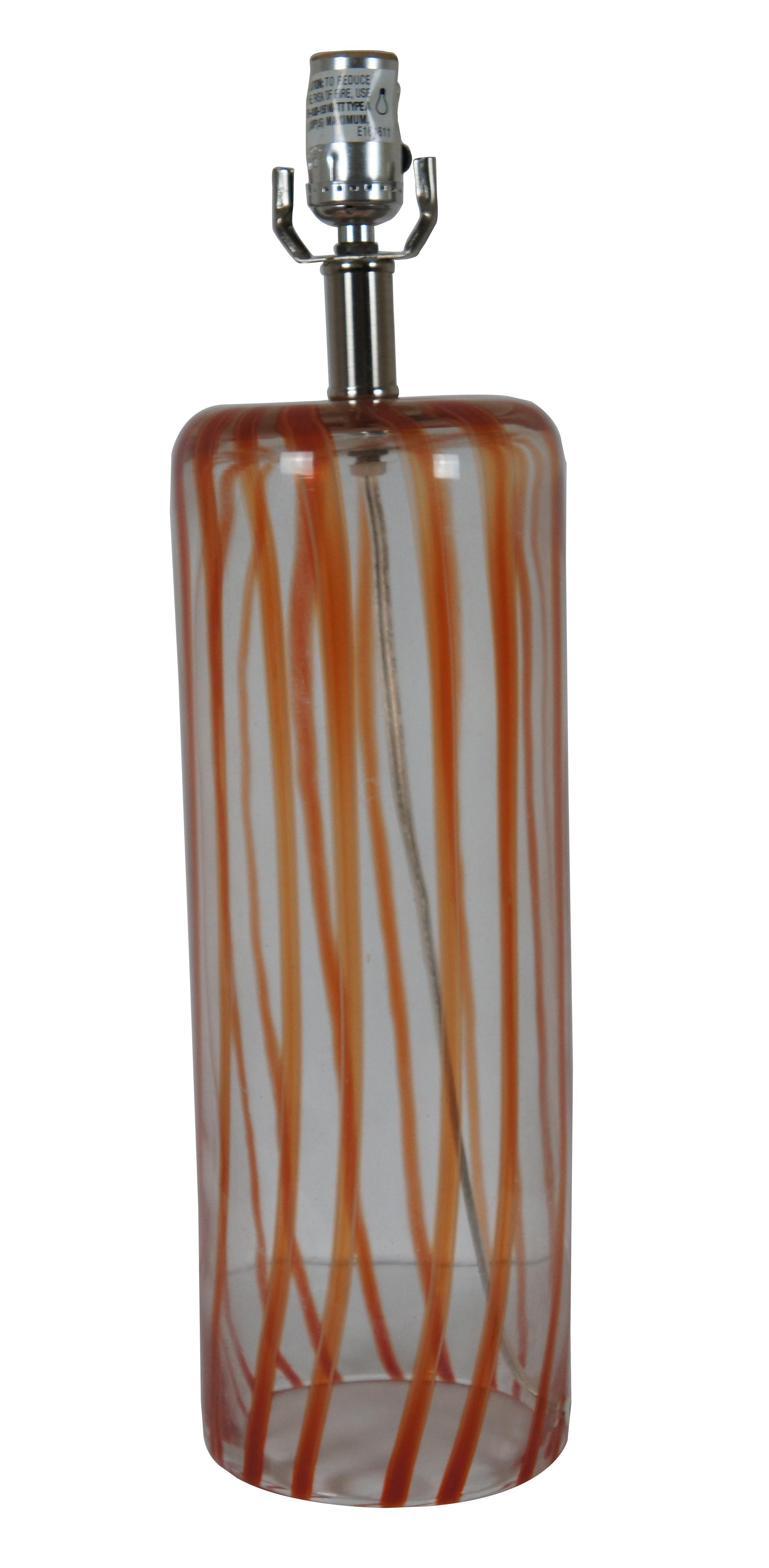 Modern Handmade Vintage Orange Candy Stripe & Clear Art Glass Cylindrical Table Lamp For Sale