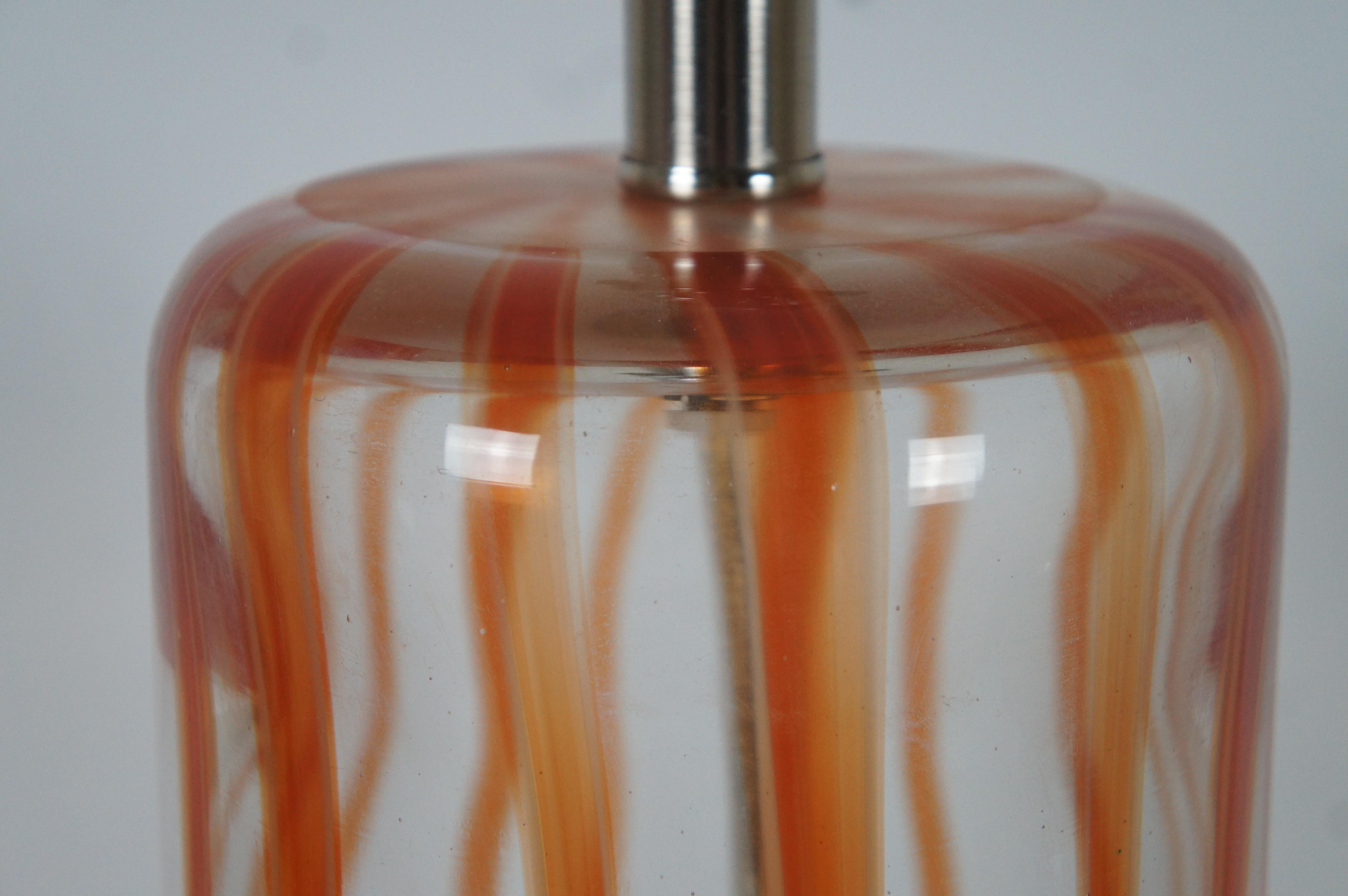 20th Century Handmade Vintage Orange Candy Stripe & Clear Art Glass Cylindrical Table Lamp For Sale