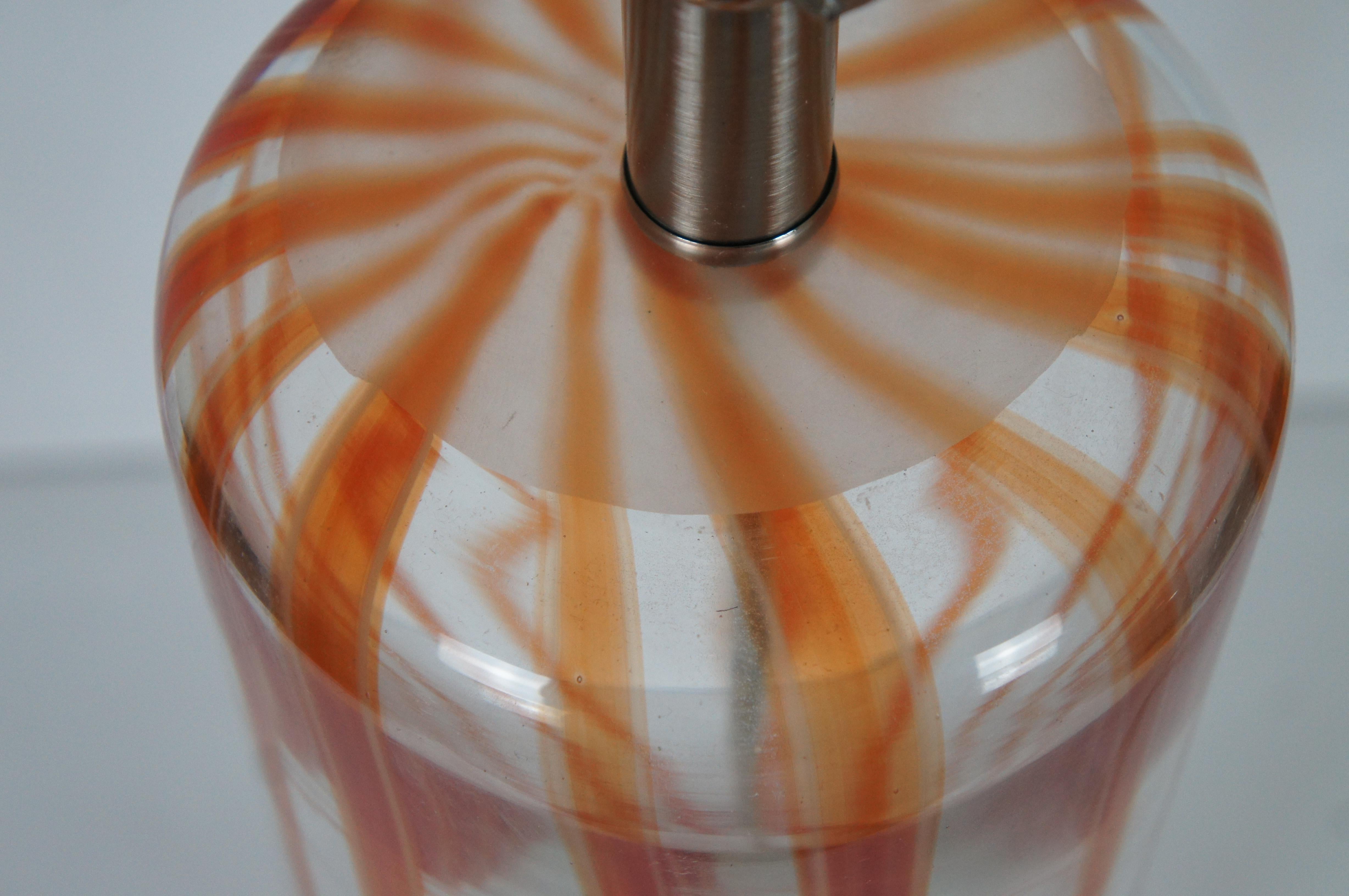 Handmade Vintage Orange Candy Stripe & Clear Art Glass Cylindrical Table Lamp For Sale 1