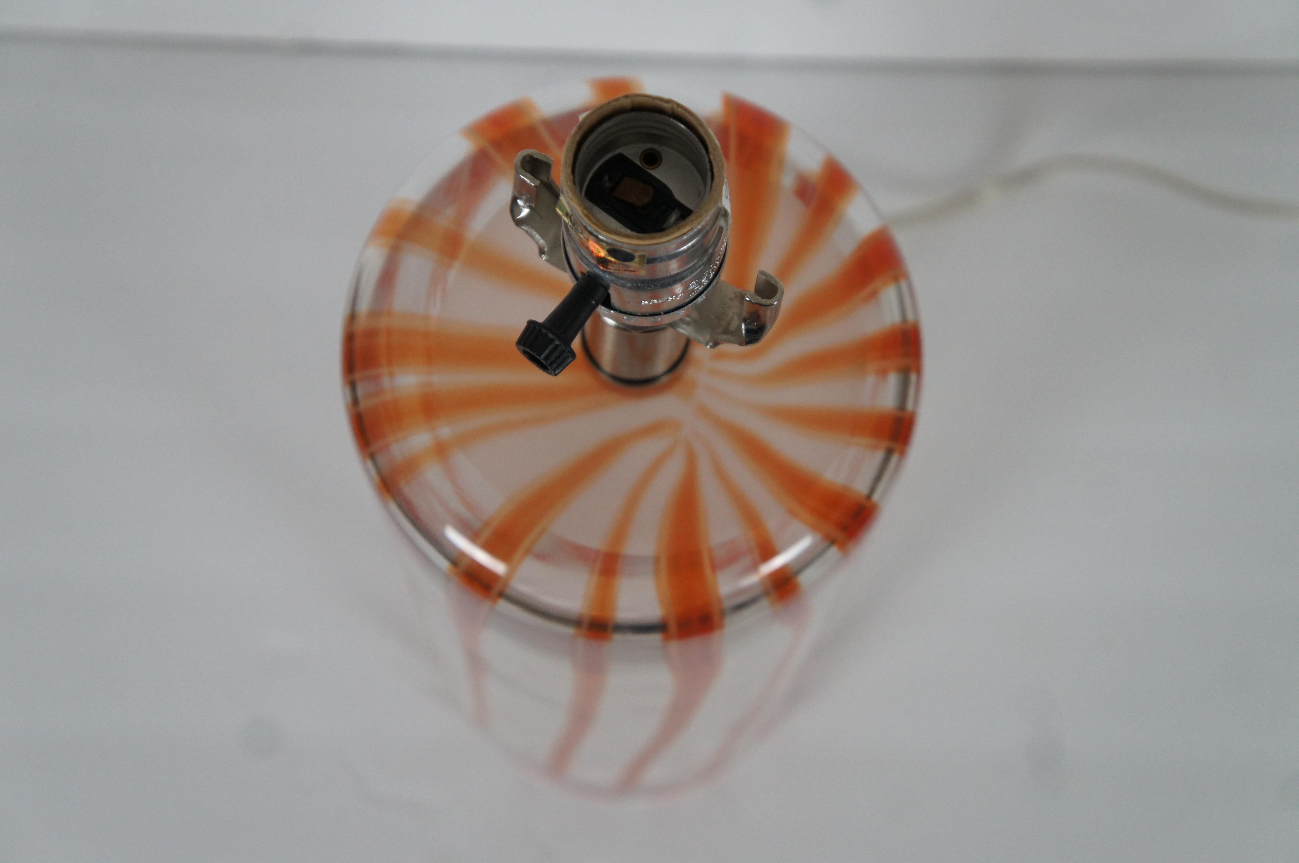 Handmade Vintage Orange Candy Stripe & Clear Art Glass Cylindrical Table Lamp For Sale 3