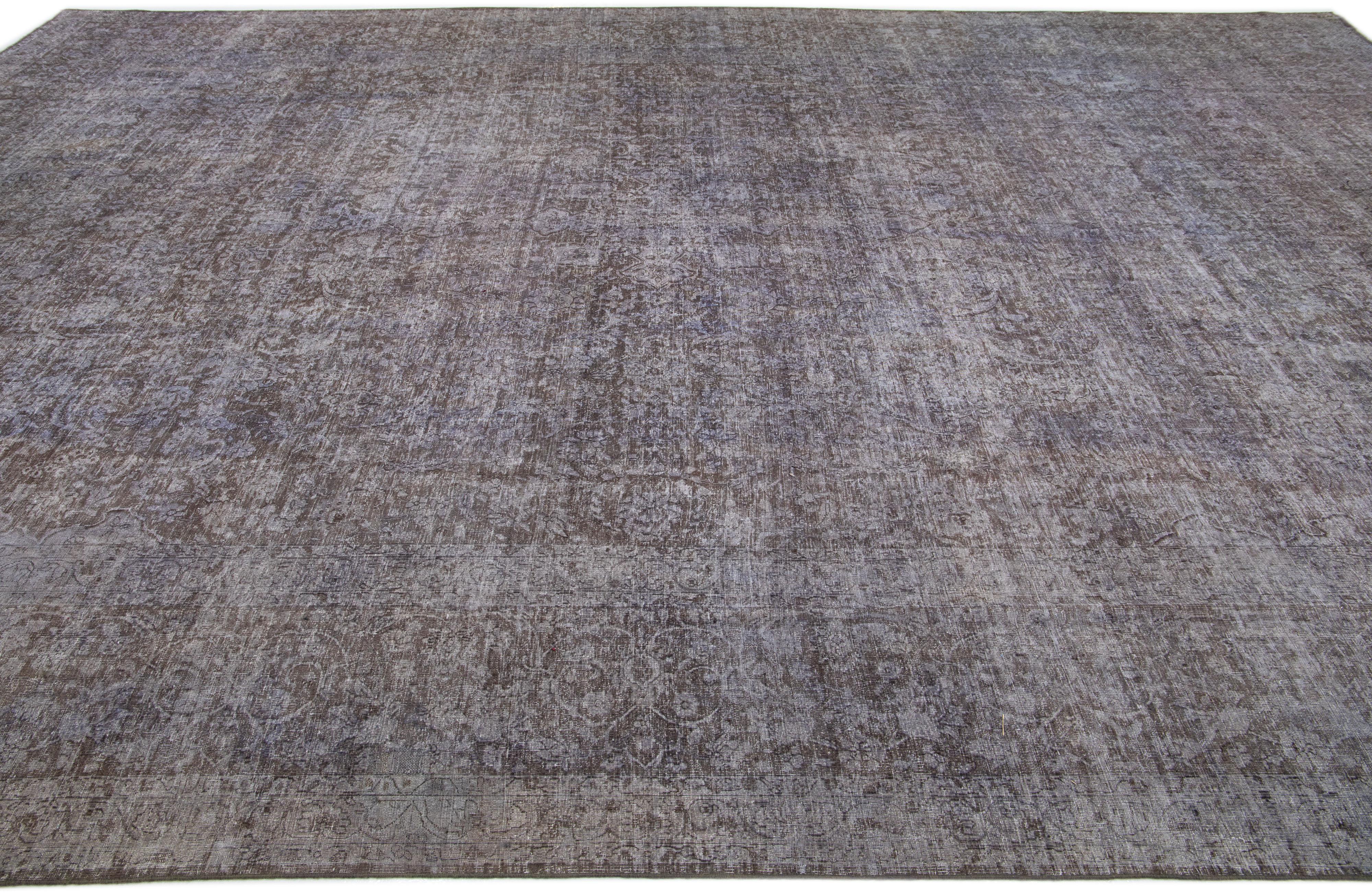 Persian Handmade Vintage Overdyed Gray Wool Rug with Allover Floral Design For Sale