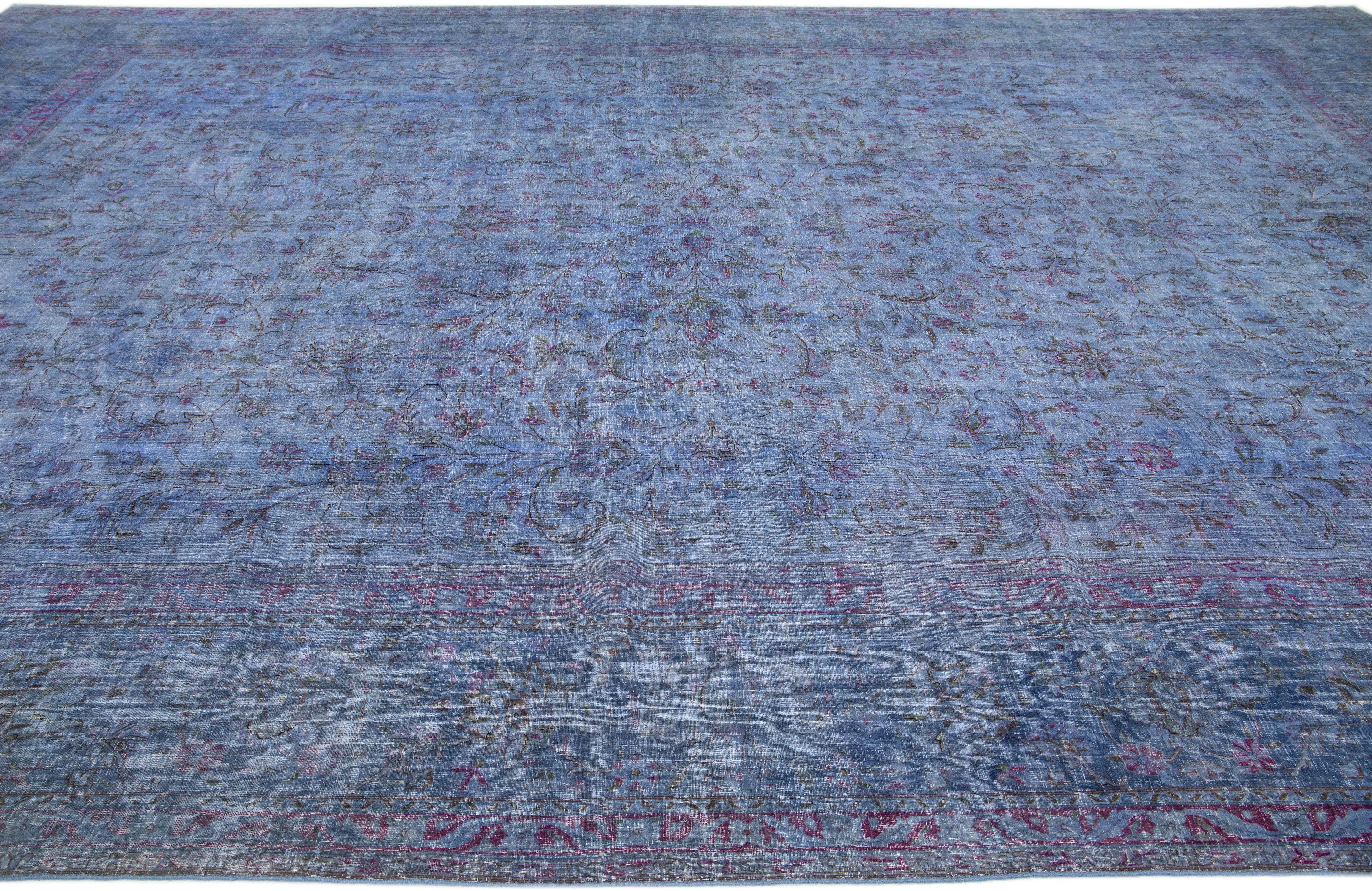 Persian Handmade Vintage Overdyed Wool Rug in Blue with Allover Motif For Sale