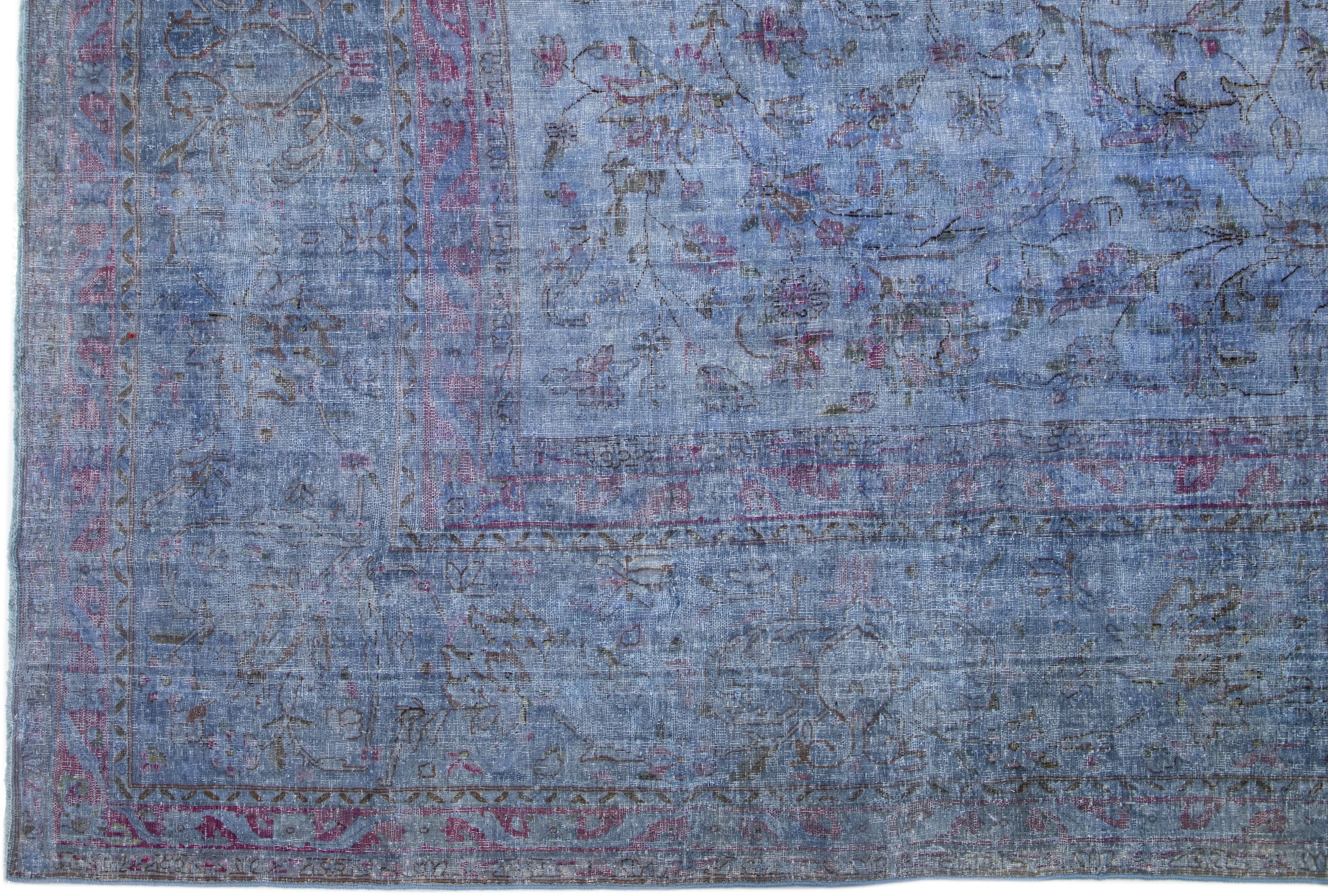 Hand-Knotted Handmade Vintage Overdyed Wool Rug in Blue with Allover Motif For Sale