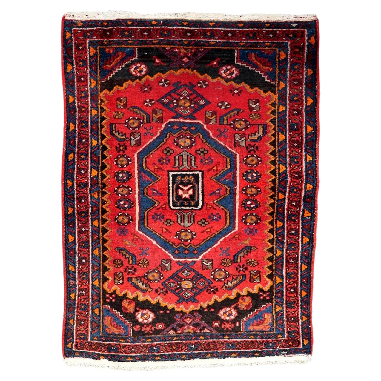 Handmade Vintage Persian Hamadan Rug 1930s Wool Carpet 4.2 x 6.4 ft -1C1276