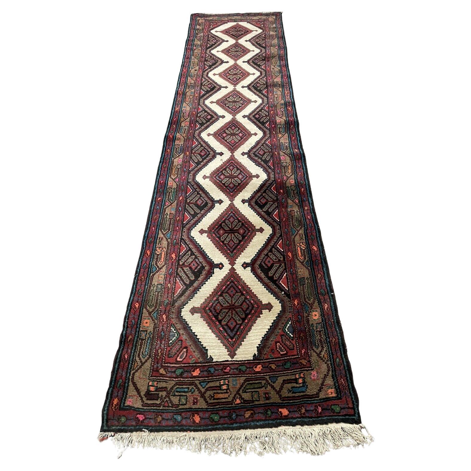 Handmade Vintage Persian Hamadan Runner Rug 2.4' x 10.9', 1970s - 1N65