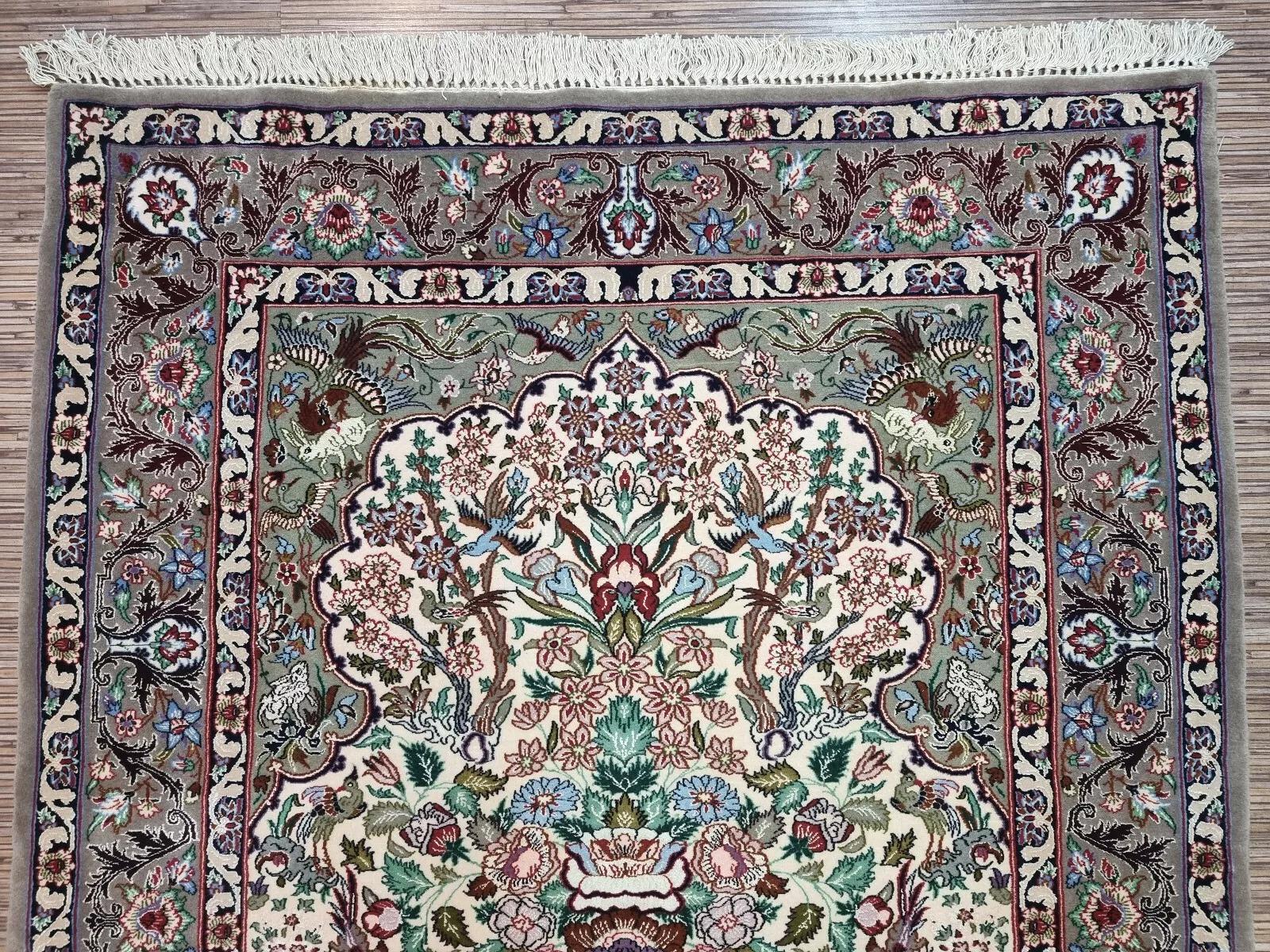 Wool Handmade Vintage Persian Isfahan Rug With Silk 3.6' x 5.2' 1950s - 1D142 For Sale