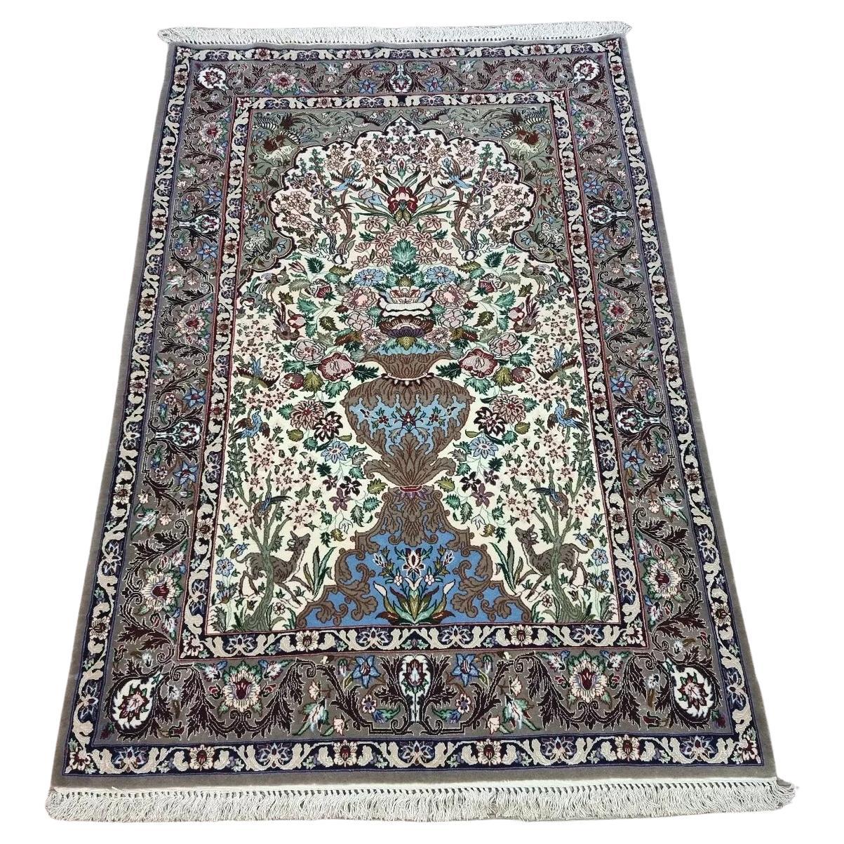 Handmade Vintage Persian Isfahan Rug With Silk 3.6' x 5.2' 1950s - 1D142 For Sale