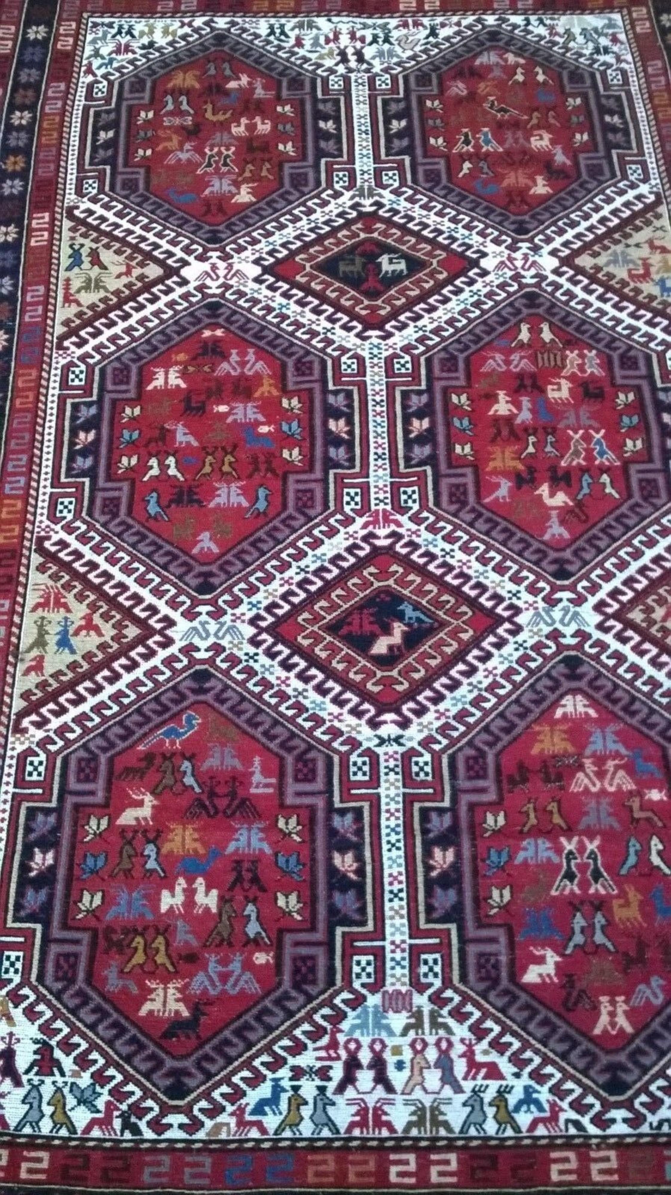 Francese Tappeto persiano vintage Khamseh Sumak fatto a mano 3,9' x 6,6' 1960 - 3K03 in vendita