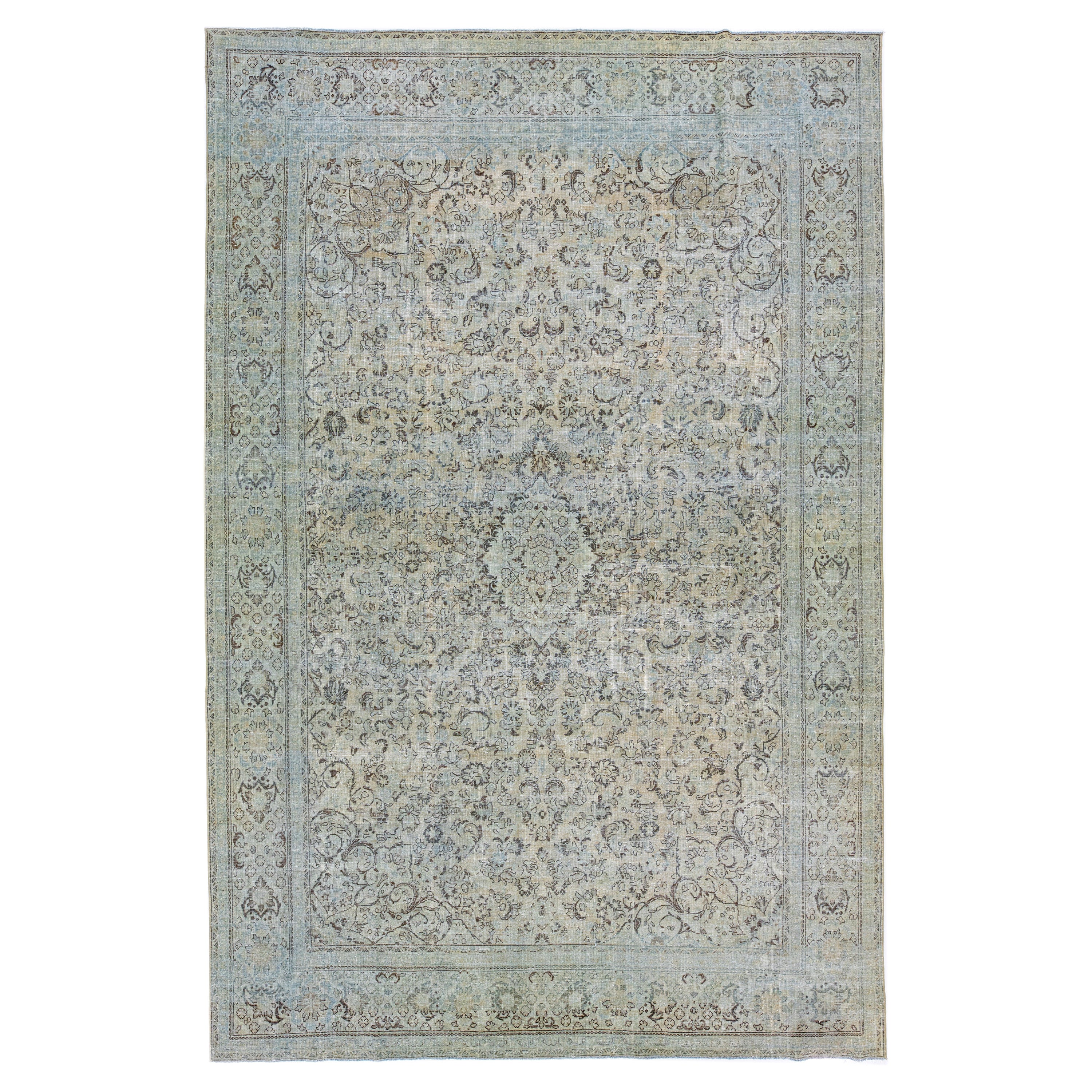 Tappeto a mano vintage in lana beige Mahal con motivo a medaglione