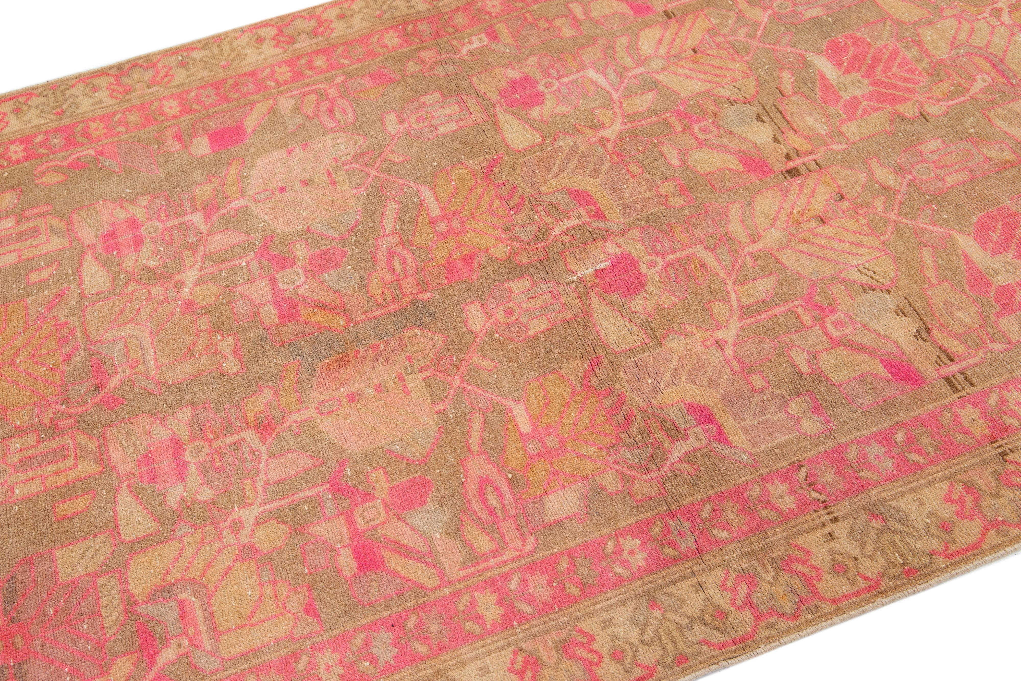 Hand-Knotted Handmade Vintage Persian Malayer Allover Wool Rug with Brown & Pink Field For Sale