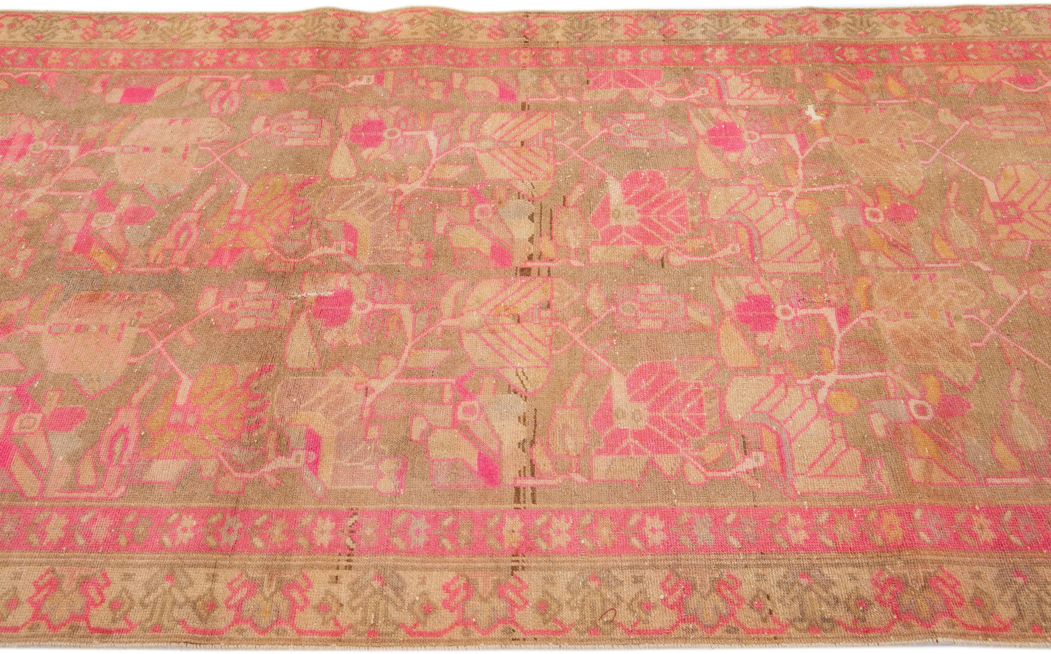 Handmade Vintage Persian Malayer Allover Wool Rug with Brown & Pink Field In Good Condition For Sale In Norwalk, CT
