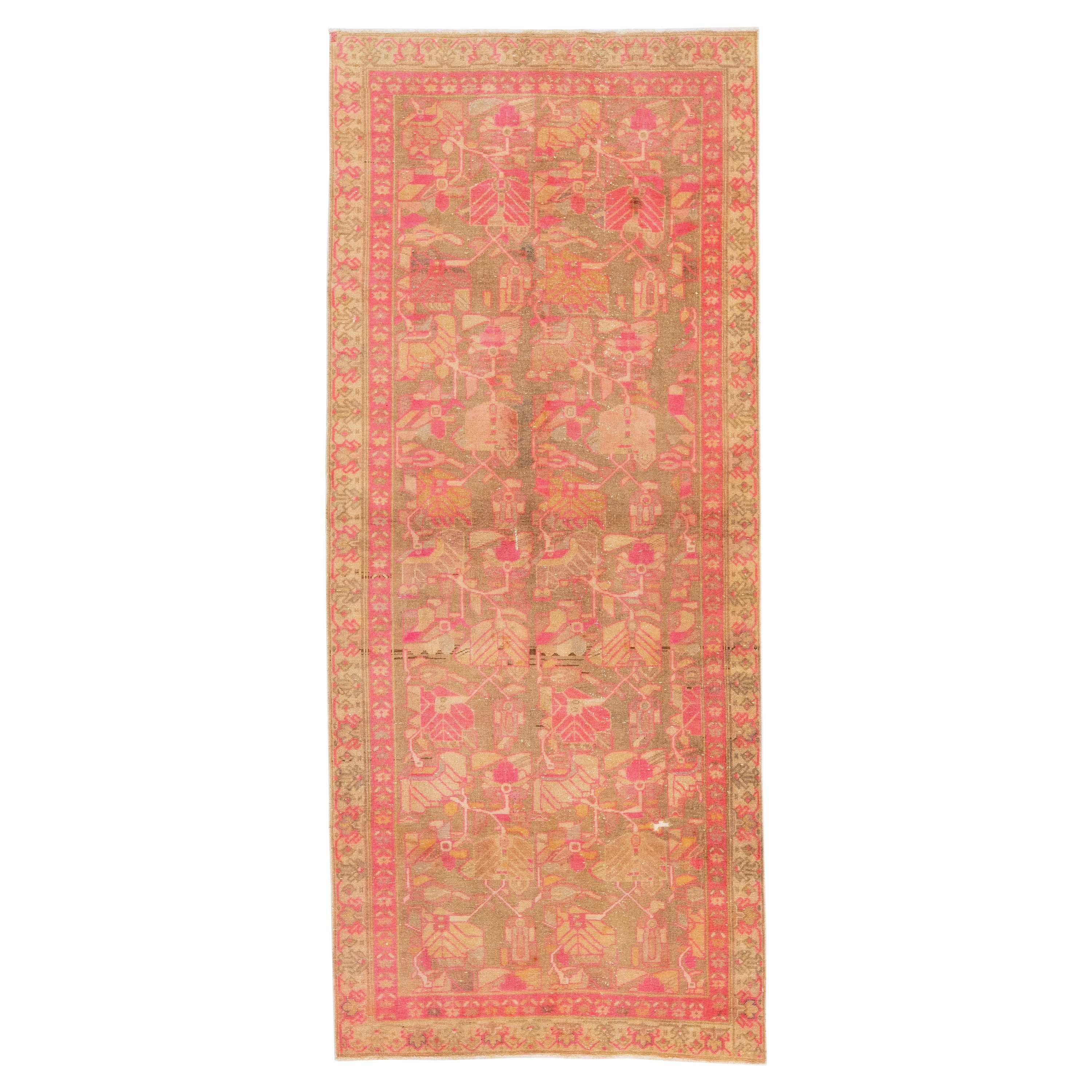 Tappeto vintage fatto a mano in lana Malayer con campo marrone e rosa