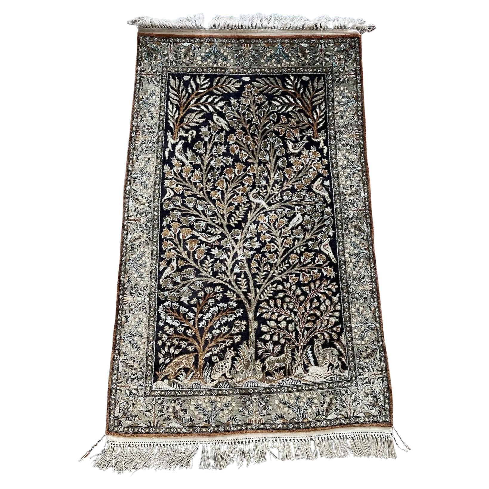 Tapis de soie Qum persan vintage fait main 2.4' x 4', 1970 - 1N97 en vente